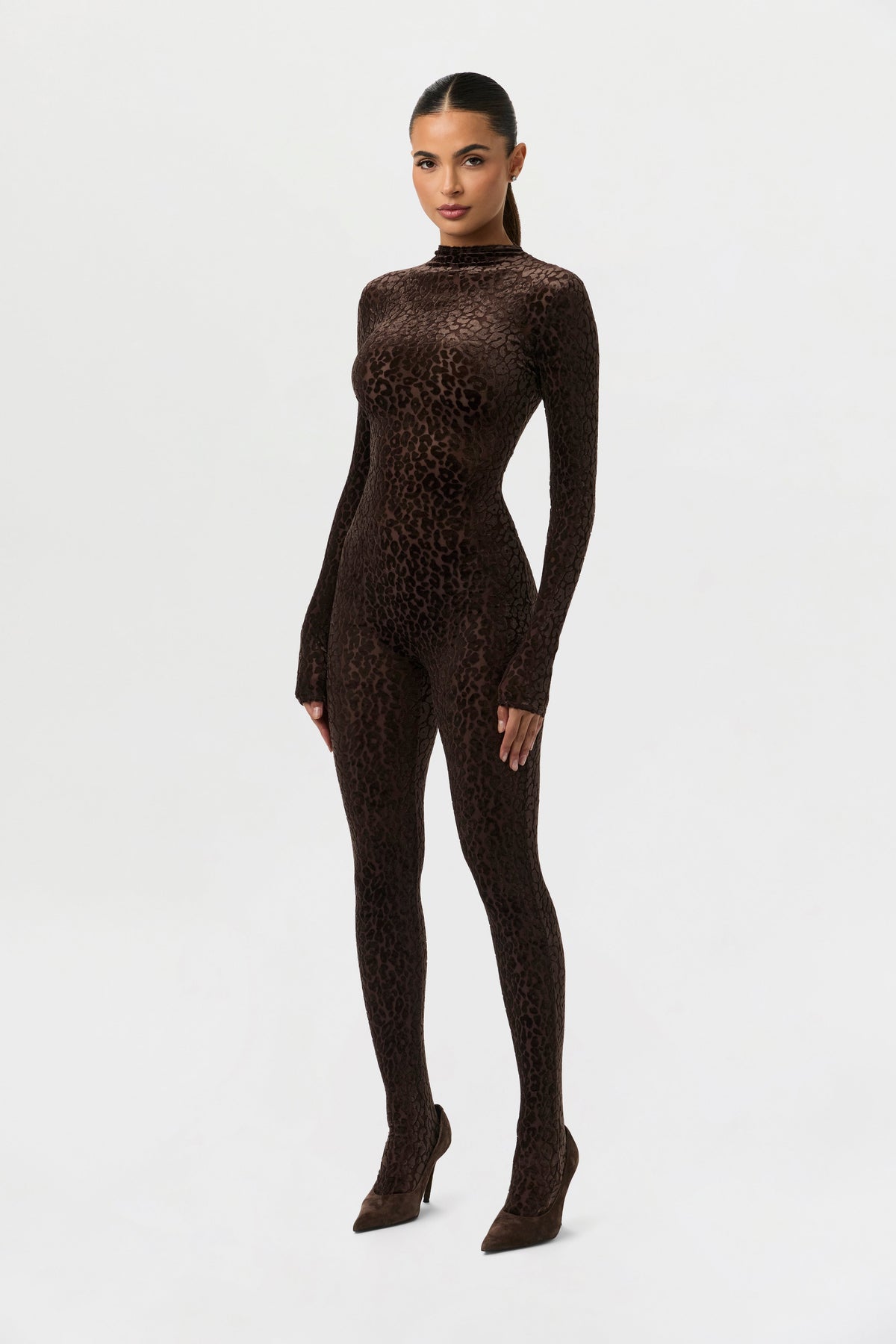 Leopard Dark Chocolate Burnout Closed Toe Jumpsuit