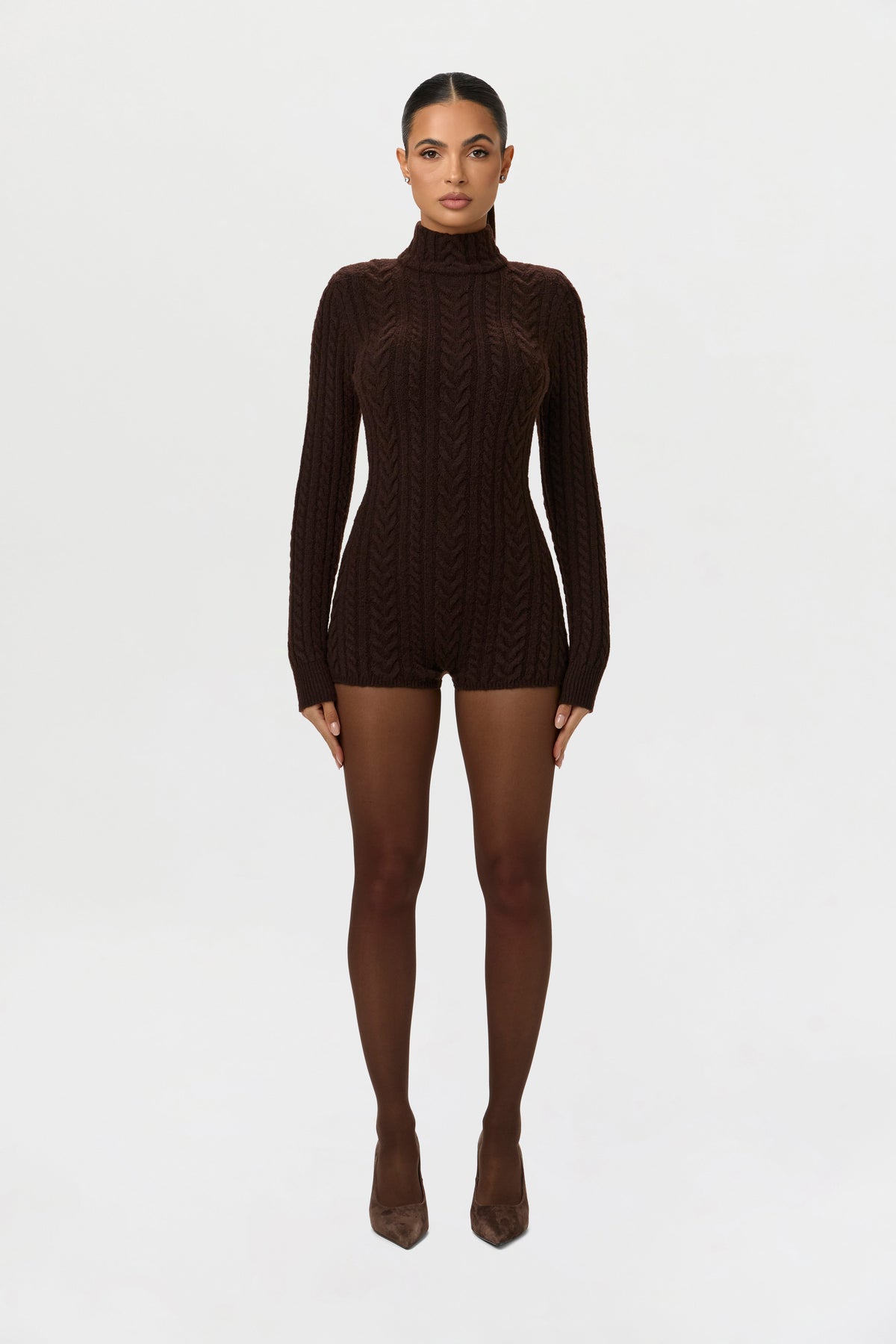 Dark Chocolate Cable Knit Turtleneck Romper