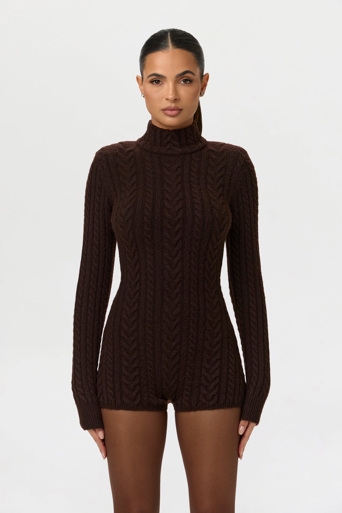 Dark Chocolate Cable Knit Turtleneck Romper