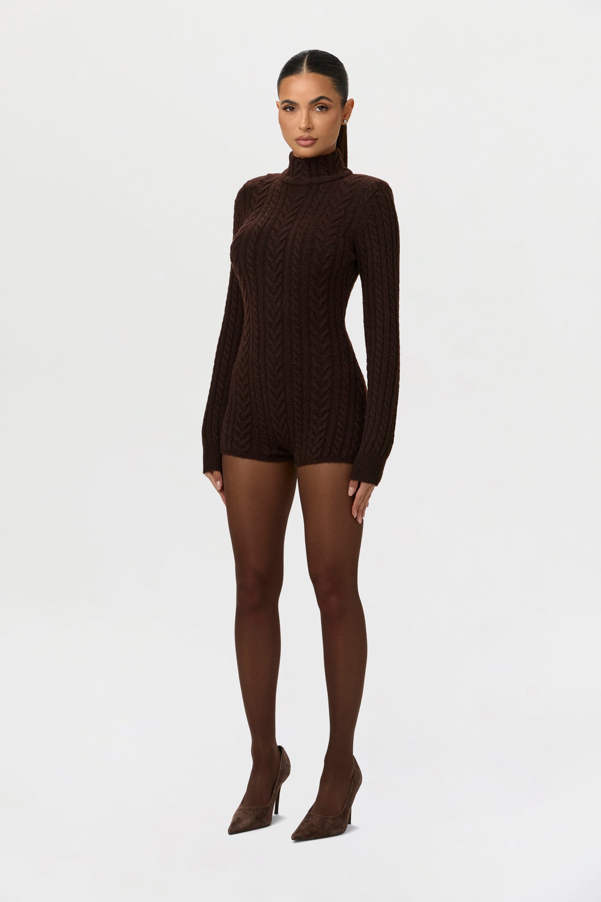Dark Chocolate Cable Knit Turtleneck Romper