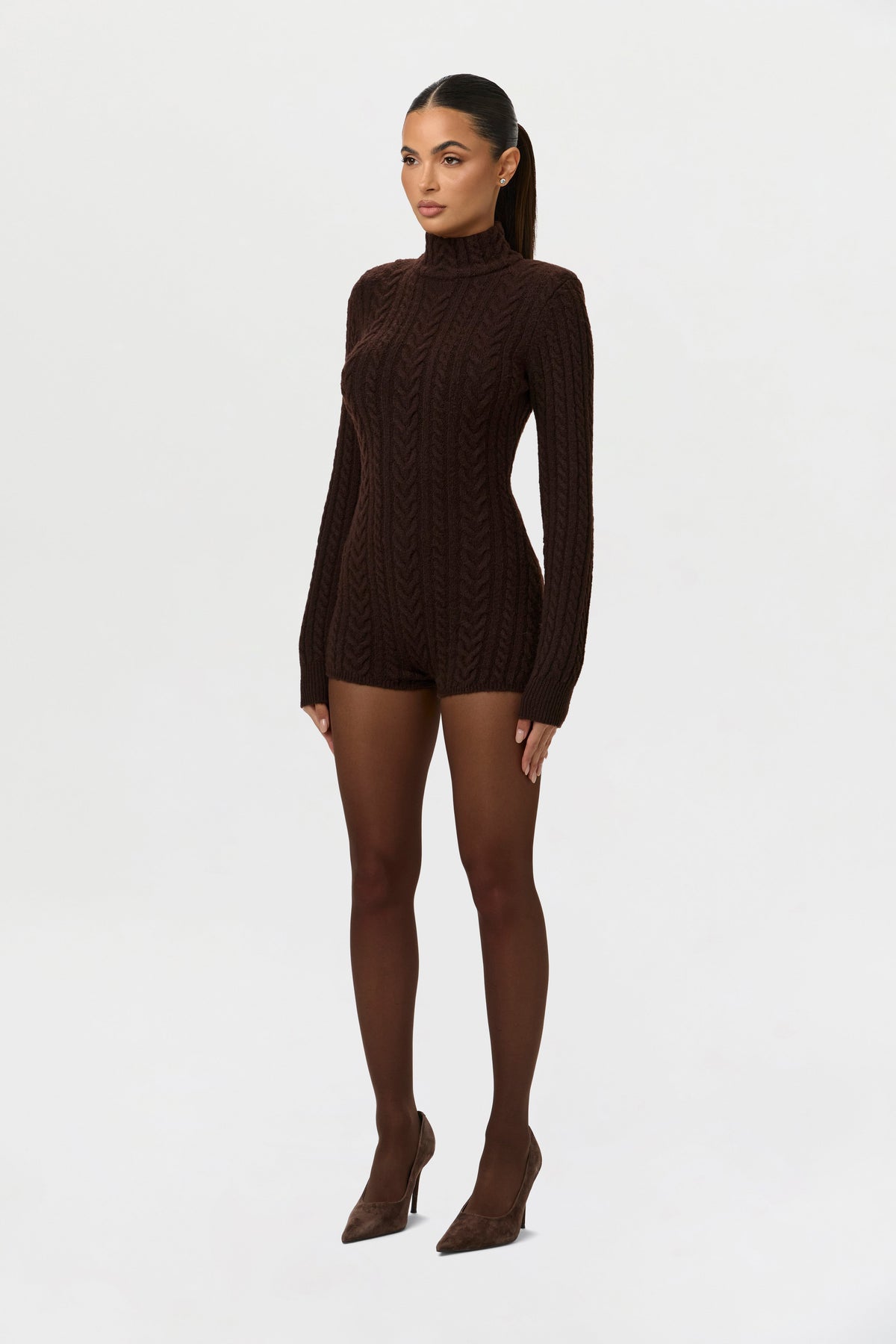 Dark Chocolate Cable Knit Turtleneck Romper