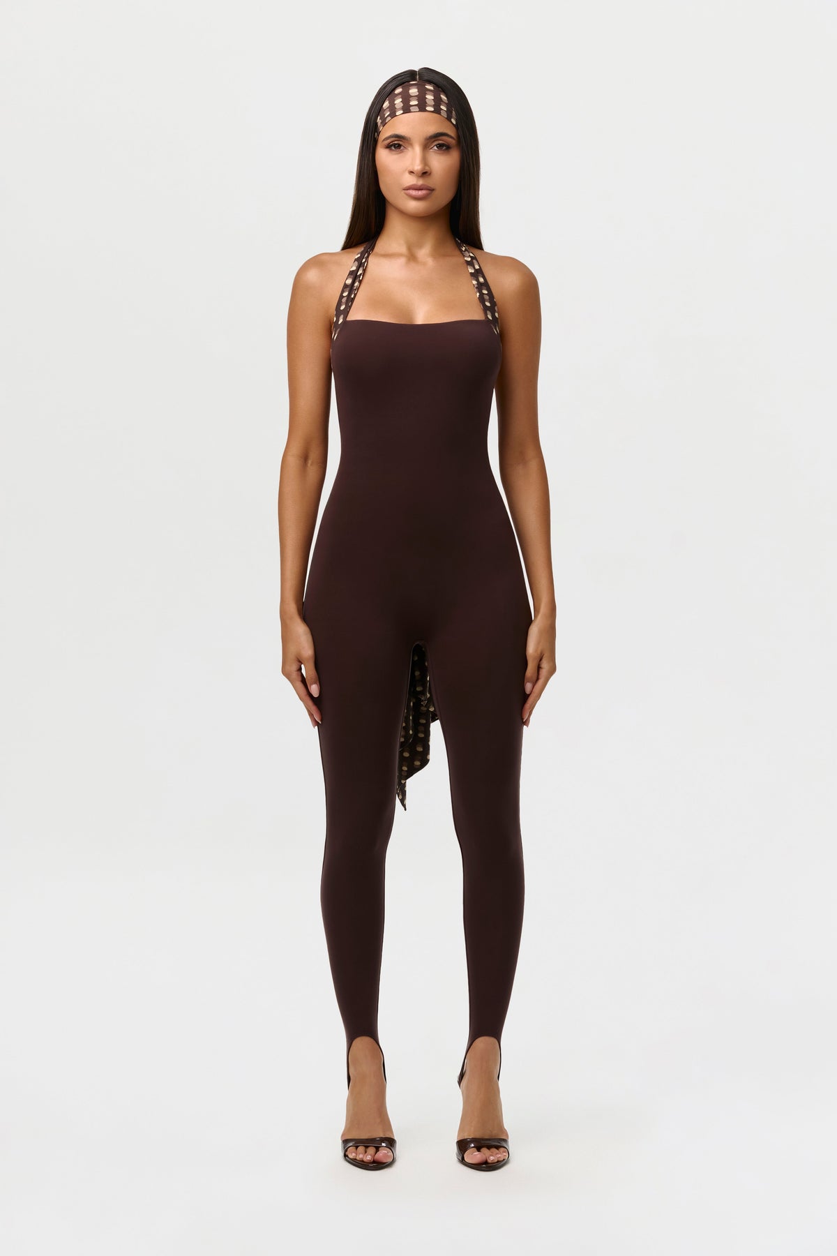 Dark Chocolate Naked Halter Print Stirrup Jumpsuit Petite