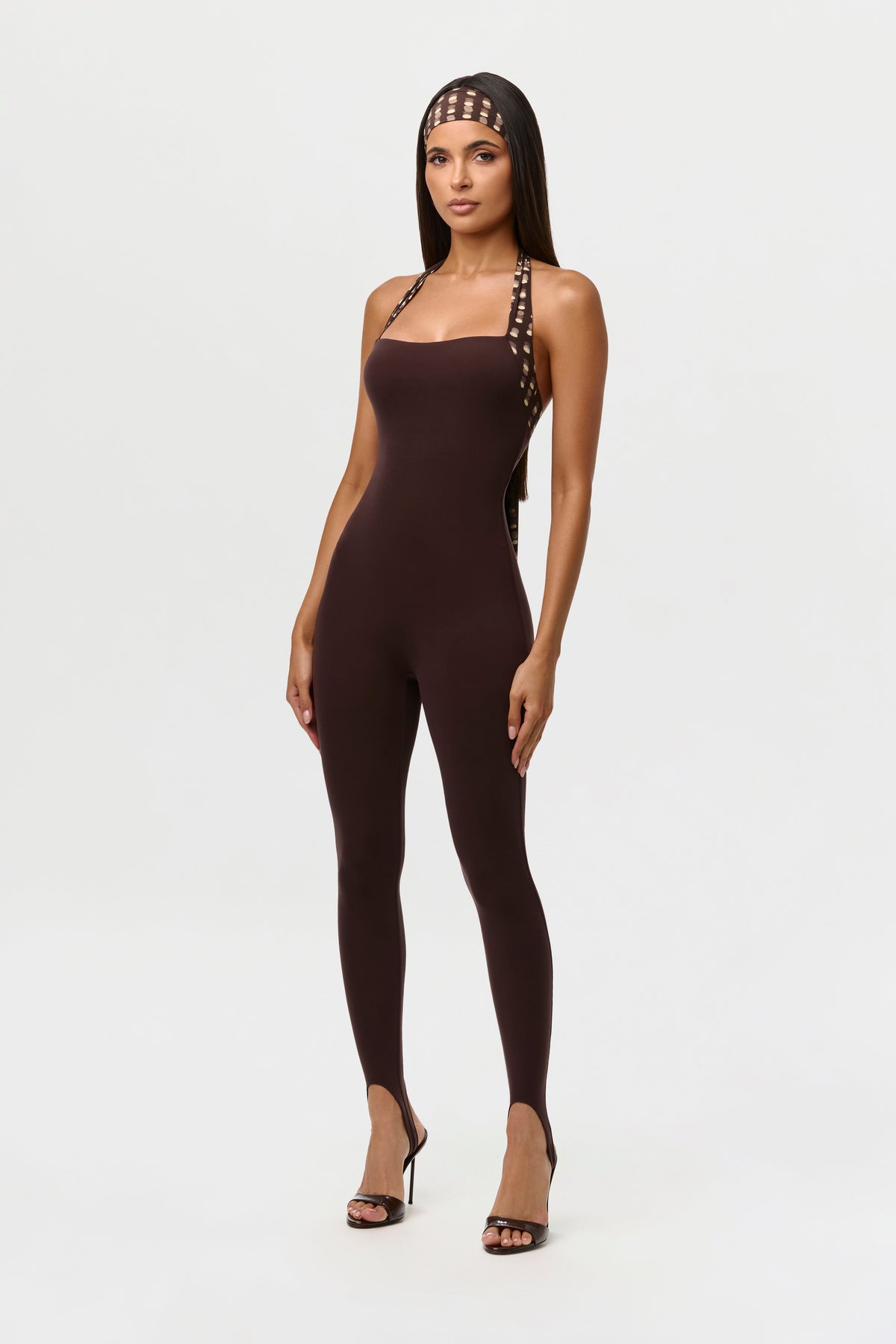 Dark Chocolate Naked Halter Print Stirrup Jumpsuit Petite