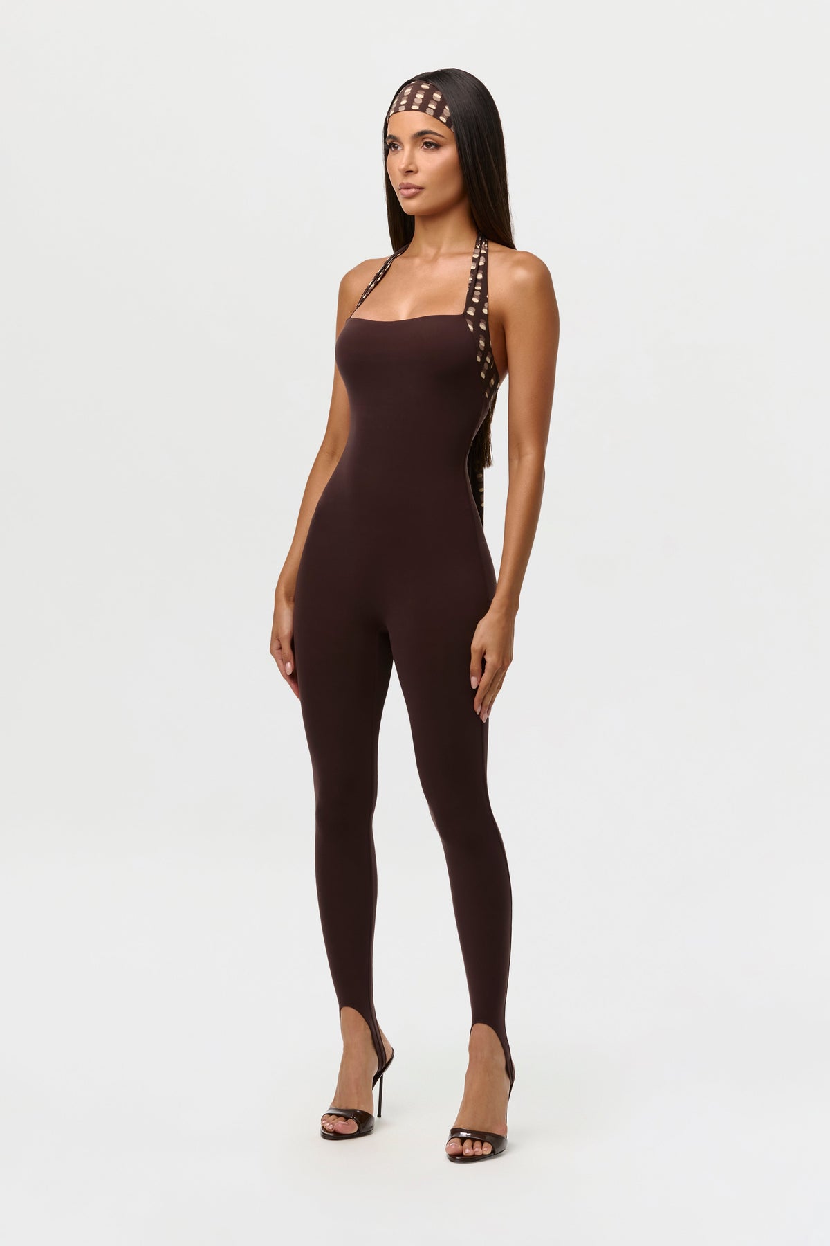 Dark Chocolate Naked Halter Print Stirrup Jumpsuit Petite