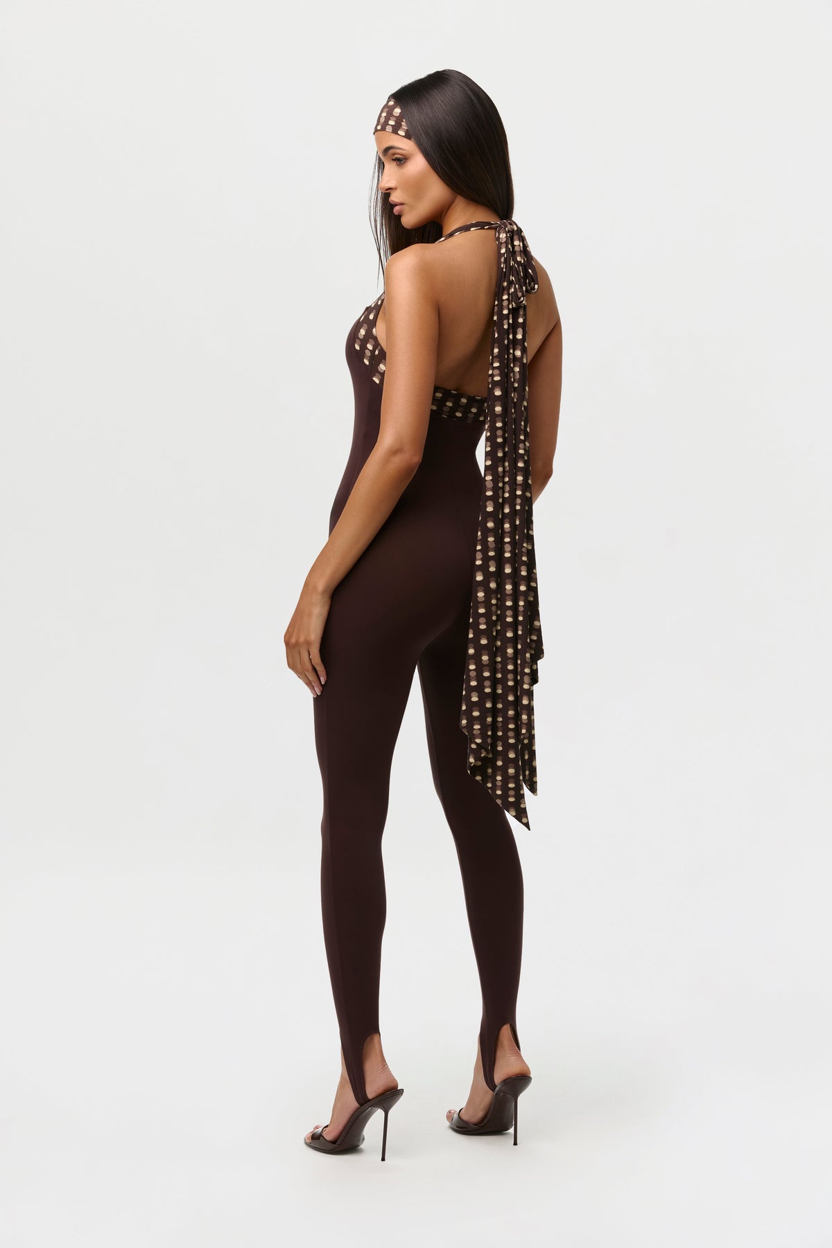 Dark Chocolate Naked Halter Print Stirrup Jumpsuit Petite