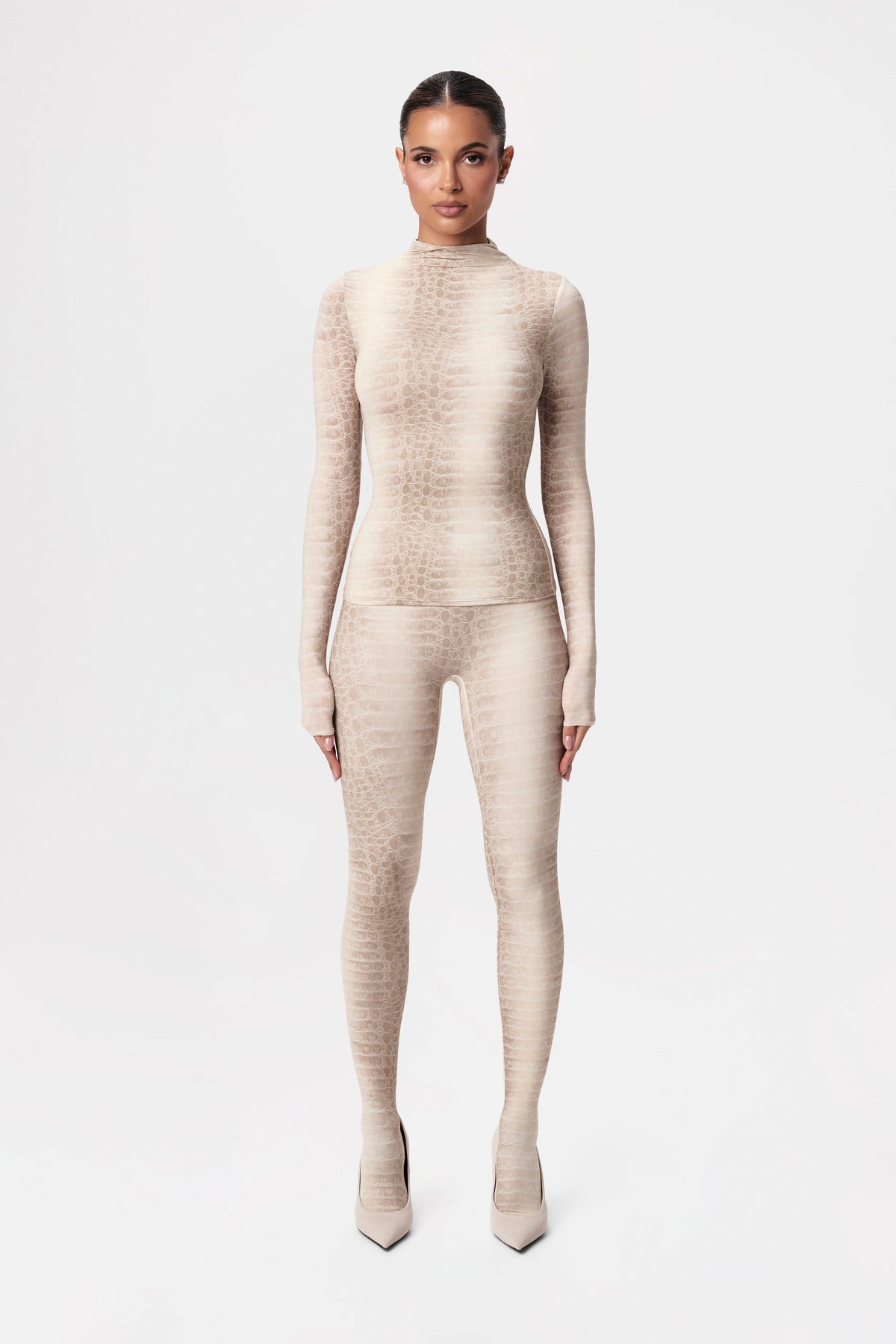 Bone Crocodile Naked Print Mock Neck Top