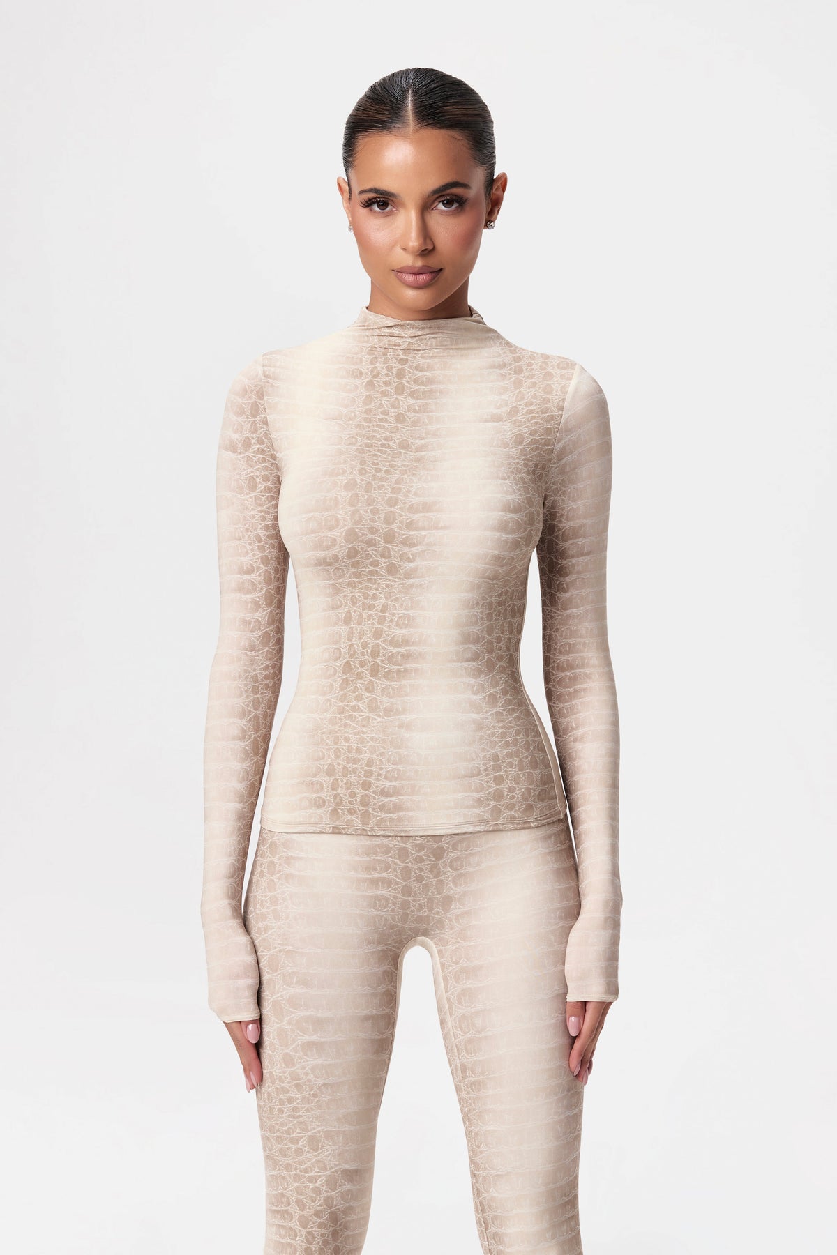 Bone Crocodile Naked Print Mock Neck Top