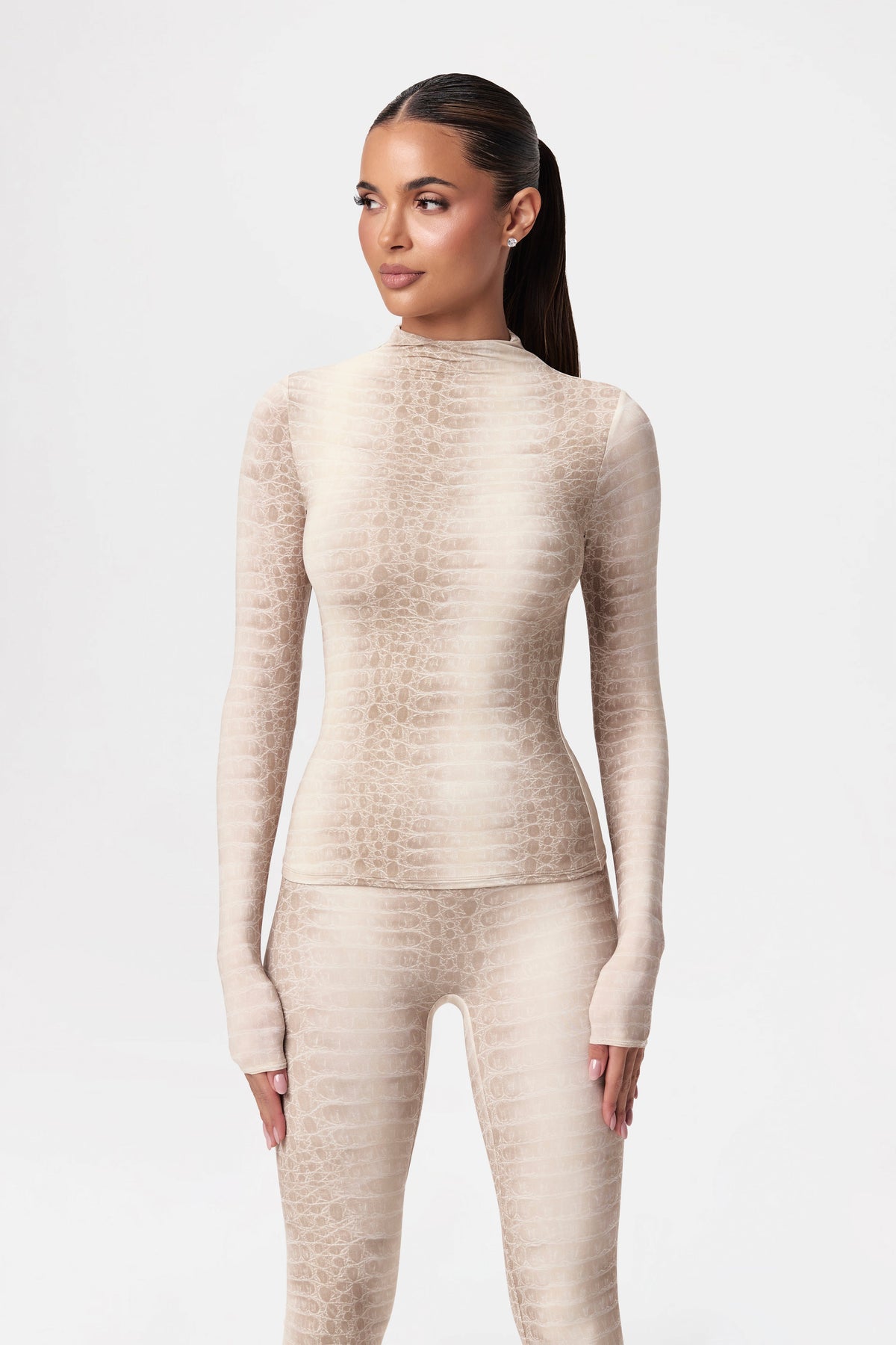 Bone Crocodile Naked Print Mock Neck Top