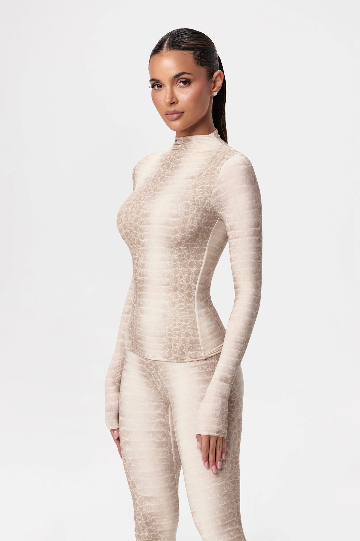 Bone Crocodile Naked Print Mock Neck Top
