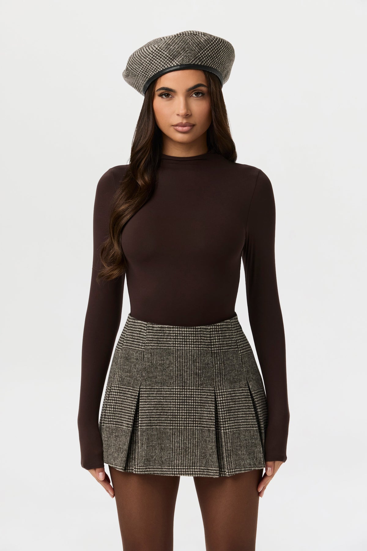 Chocolate HT Plaid Pattern Suiting Pleated Mini Skirt