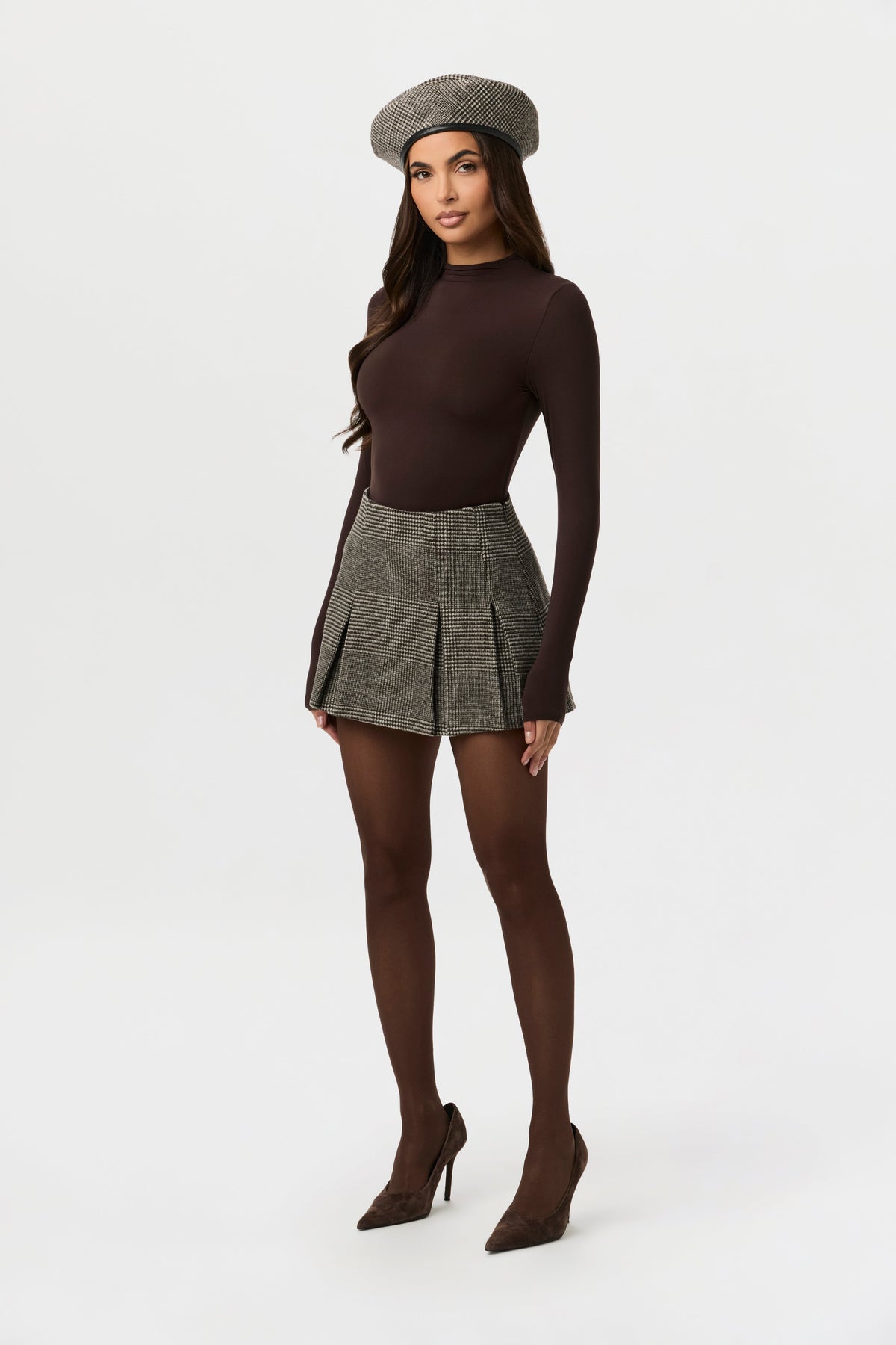 Chocolate HT Plaid Pattern Suiting Pleated Mini Skirt
