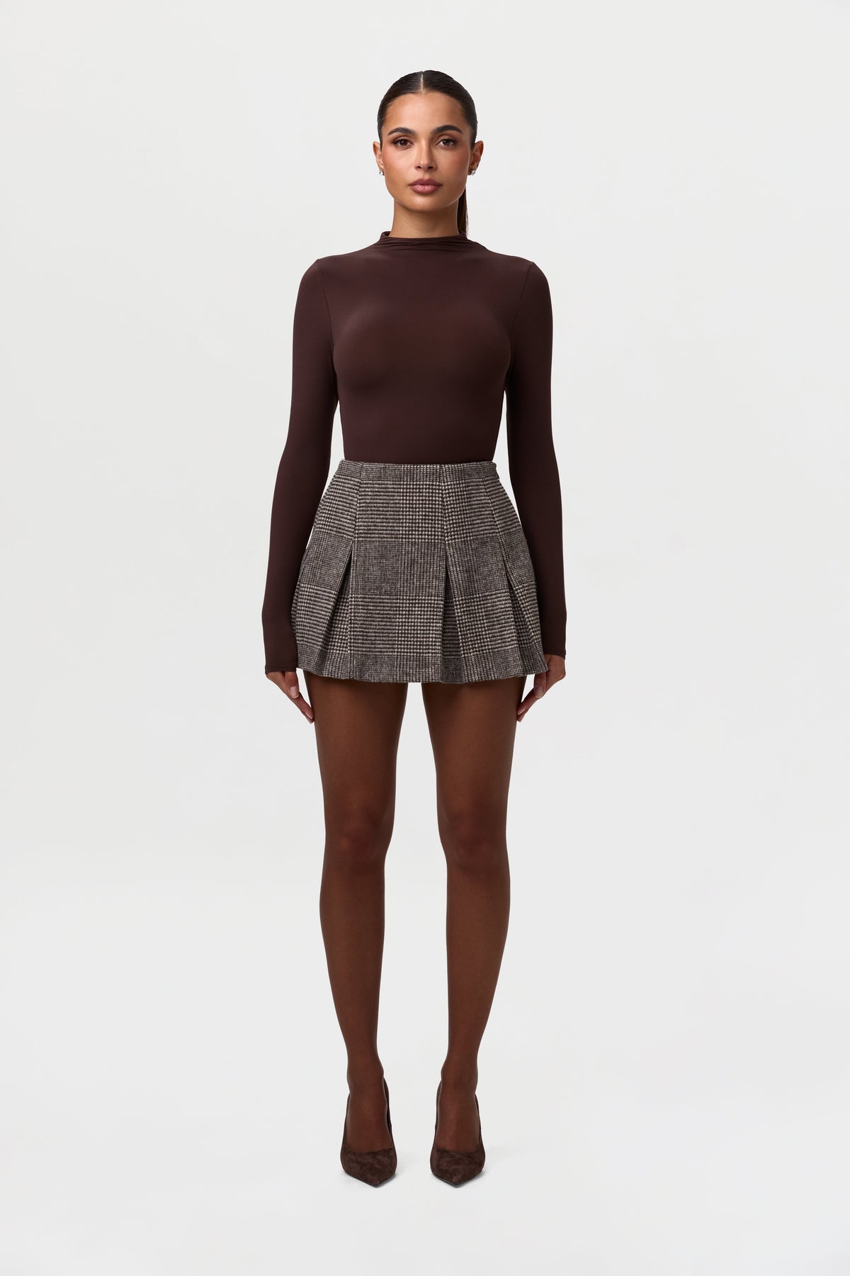 Chocolate HT Plaid Pattern Suiting Pleated Mini Skirt