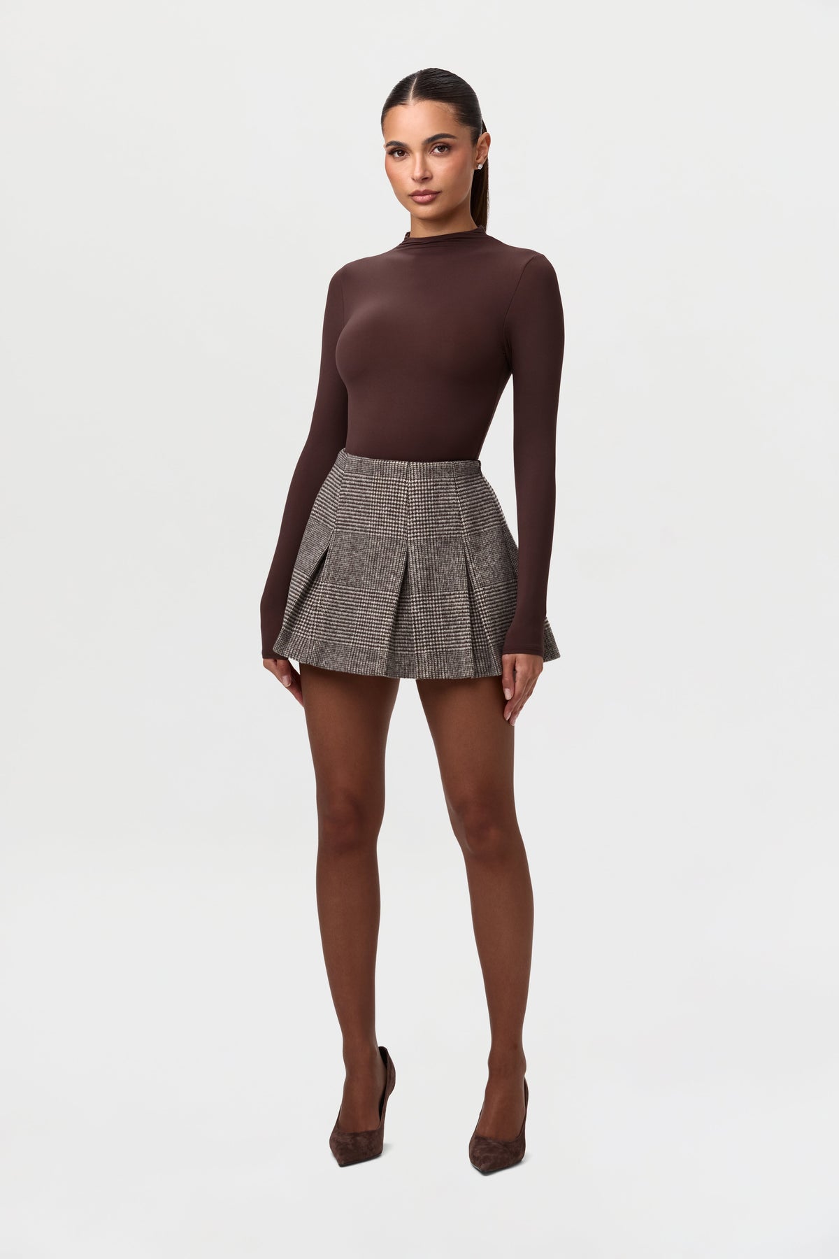 Chocolate HT Plaid Pattern Suiting Pleated Mini Skirt