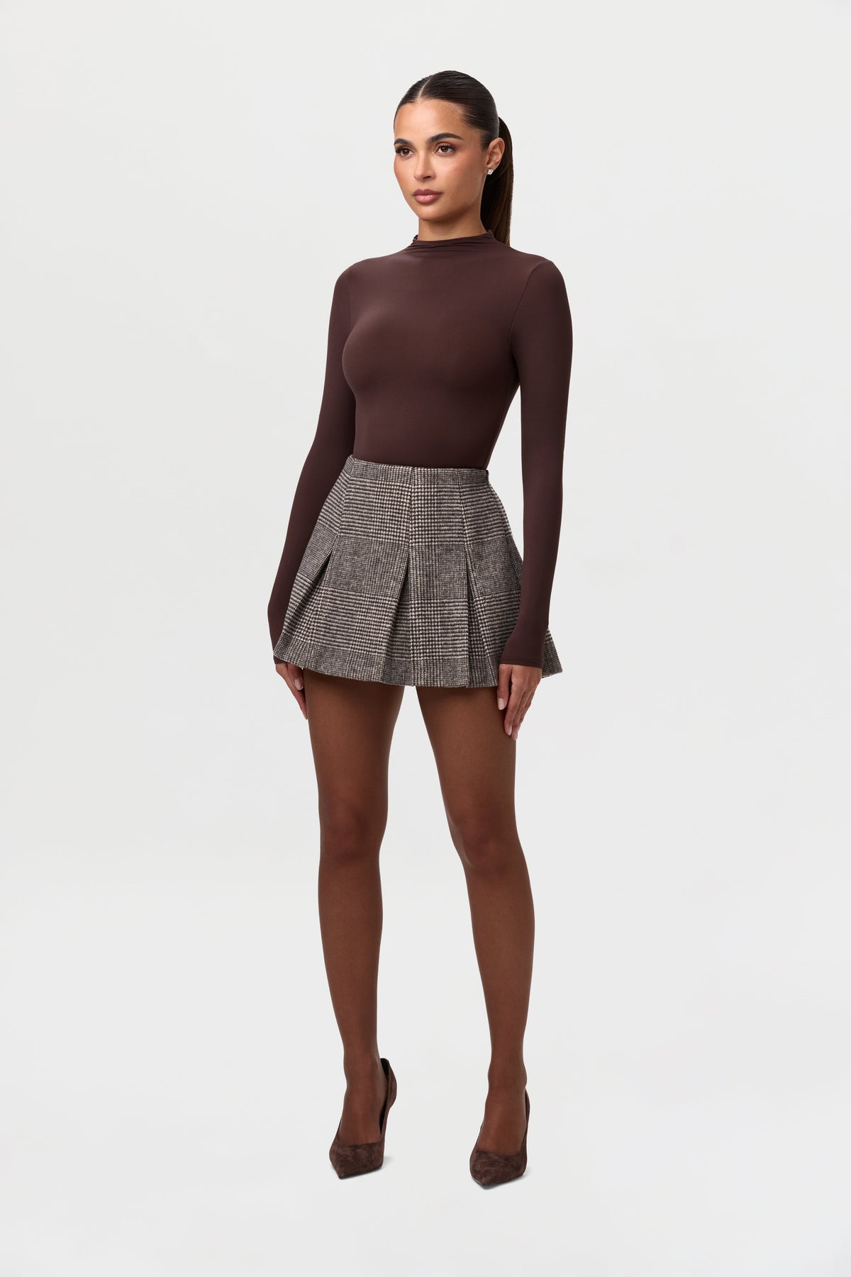 Chocolate HT Plaid Pattern Suiting Pleated Mini Skirt