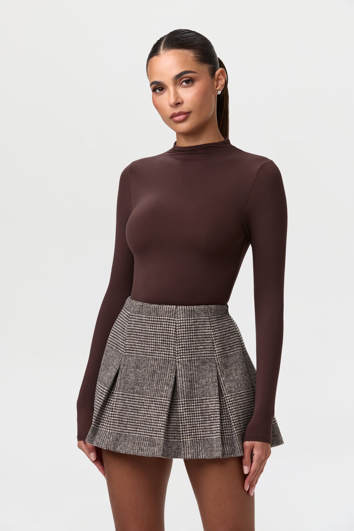 Chocolate HT Plaid Pattern Suiting Pleated Mini Skirt