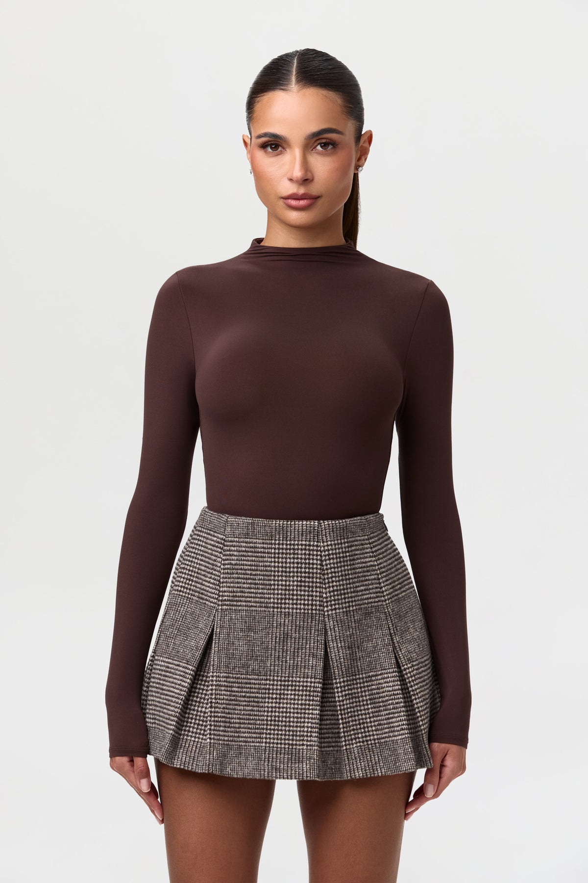 Chocolate HT Plaid Pattern Suiting Pleated Mini Skirt