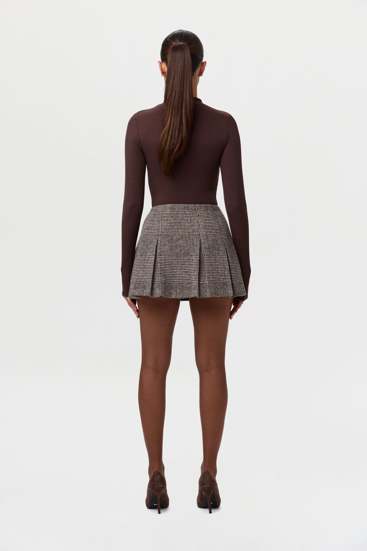 Chocolate HT Plaid Pattern Suiting Pleated Mini Skirt