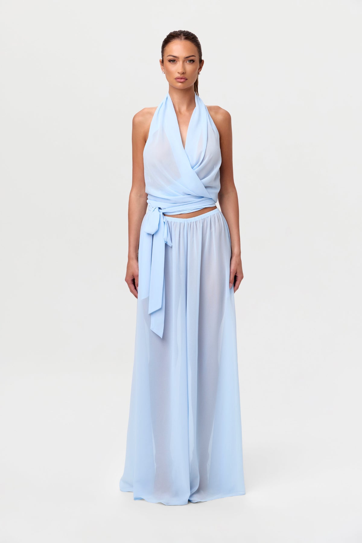 Baby Blue Chiffon Wrap Halter Top