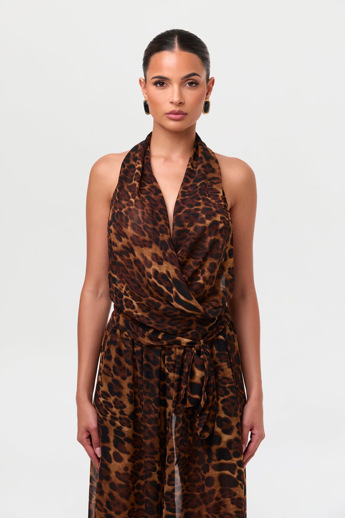 Leopard Chiffon Wrap Halter Top