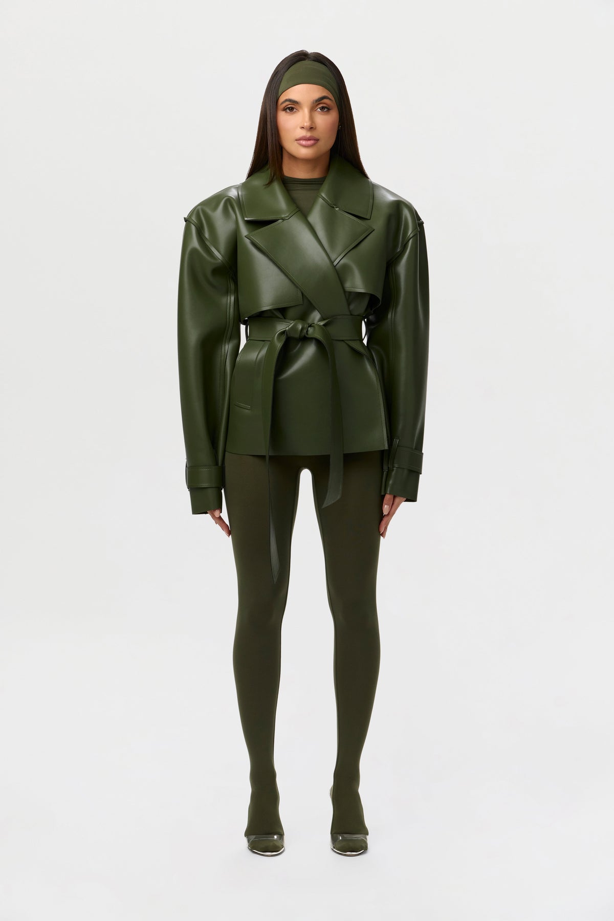 Olive Vegan Leather Cropped Trench Jacket