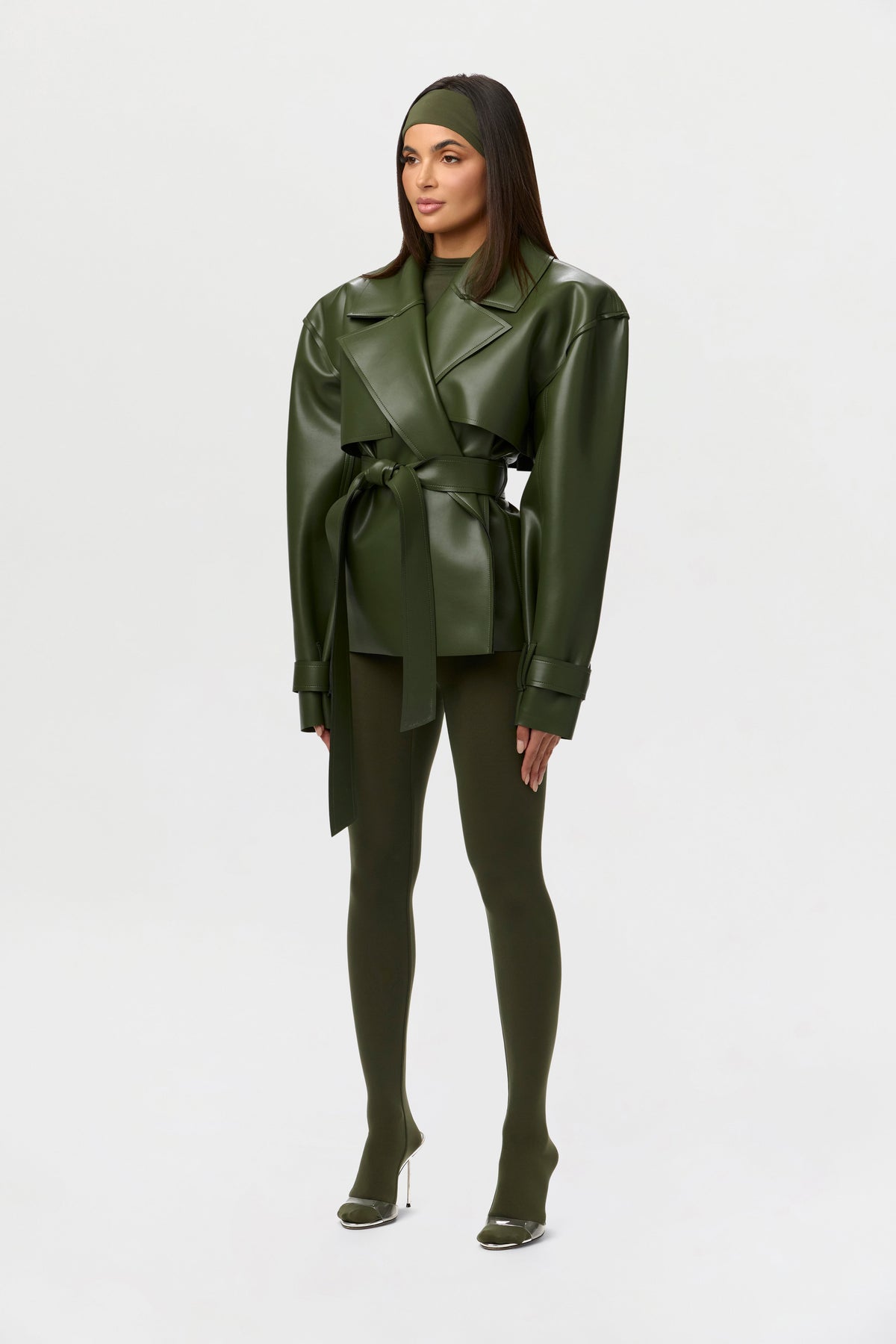 Olive Vegan Leather Cropped Trench Jacket