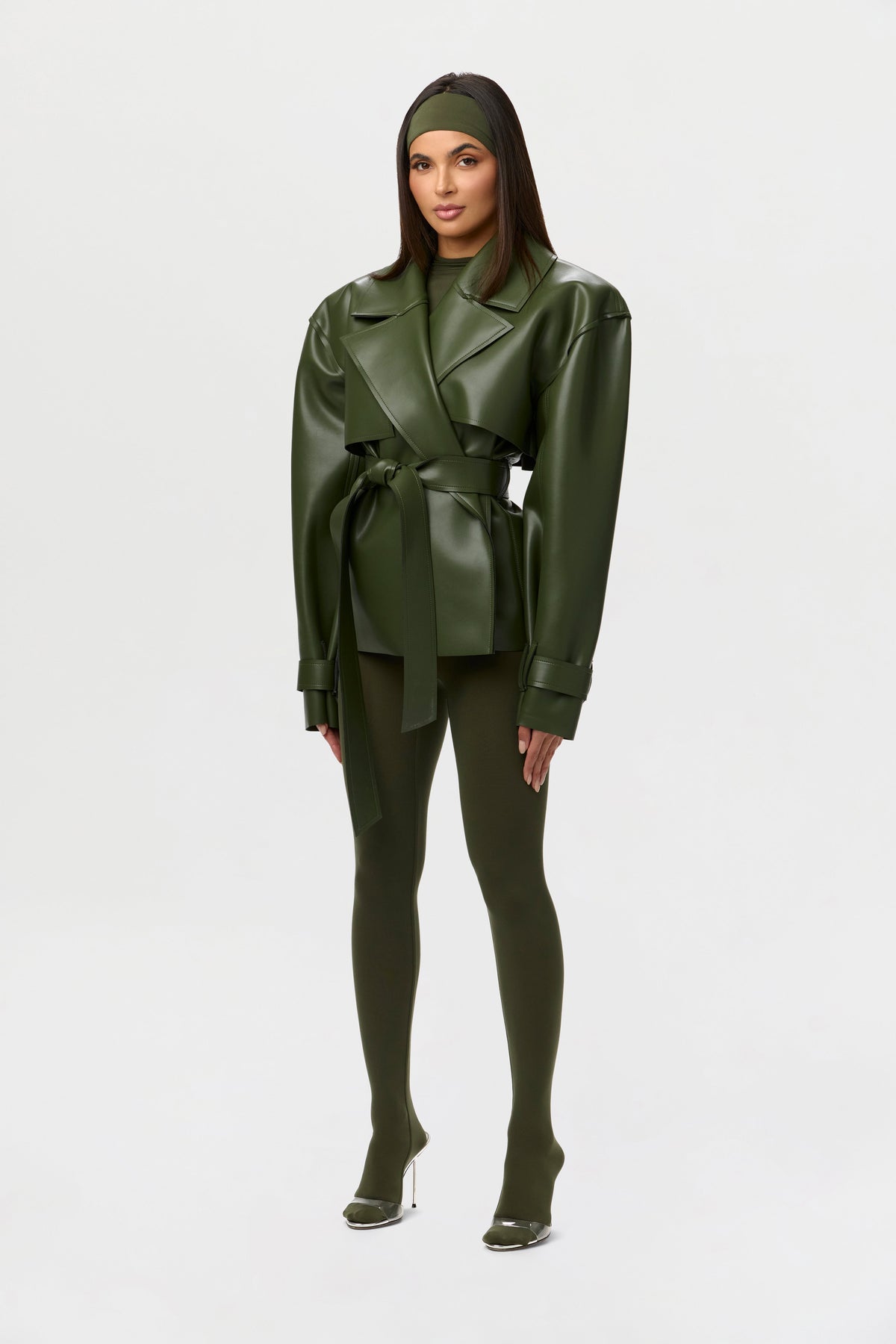 Olive Vegan Leather Cropped Trench Jacket