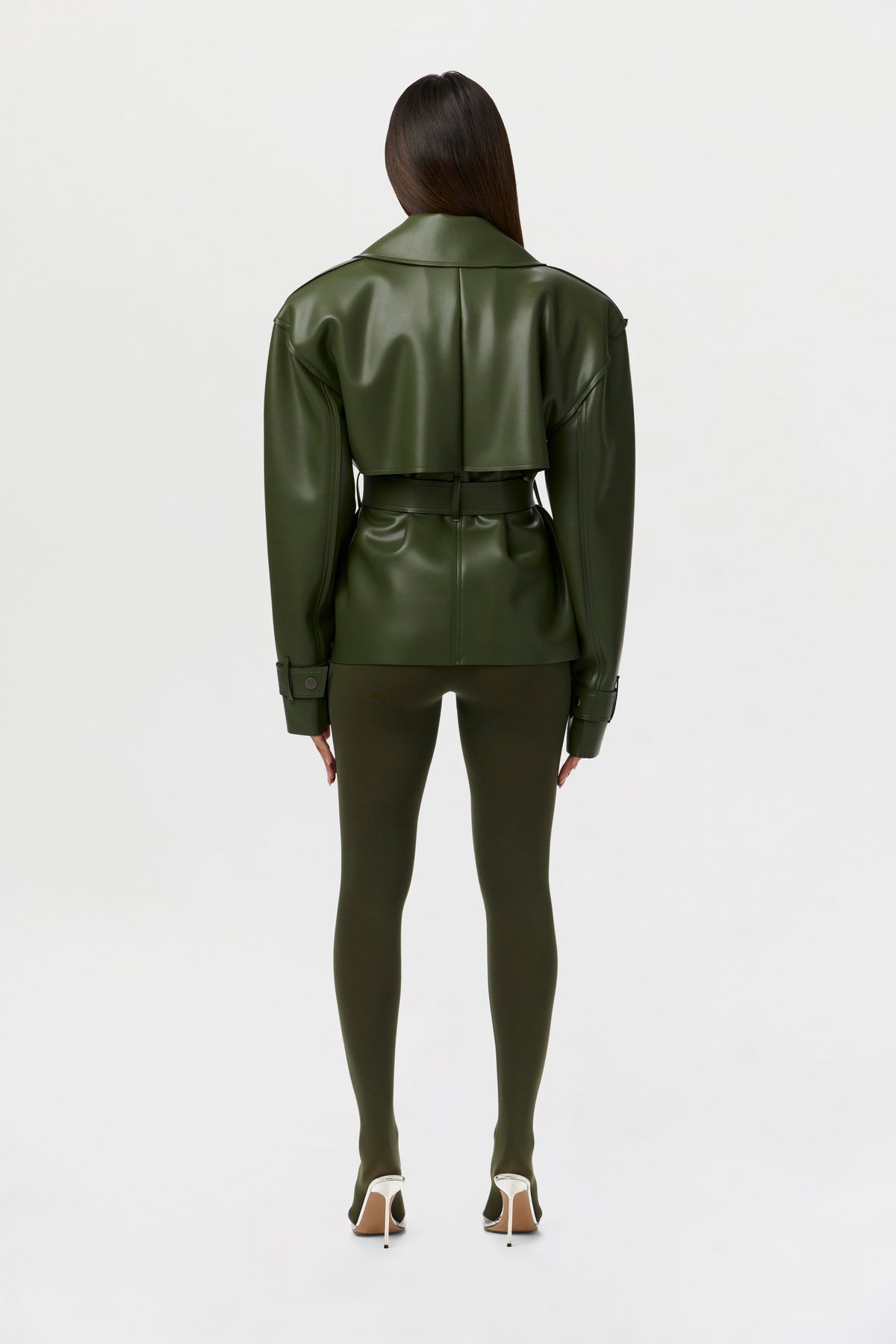 Olive Vegan Leather Cropped Trench Jacket