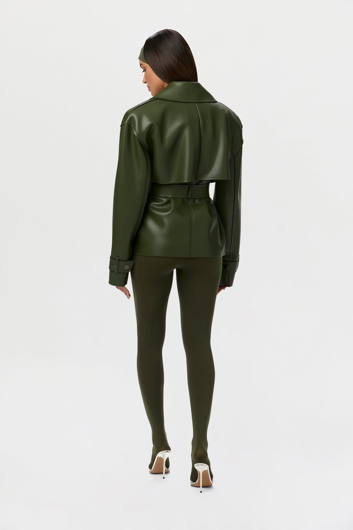 Olive Vegan Leather Cropped Trench Jacket