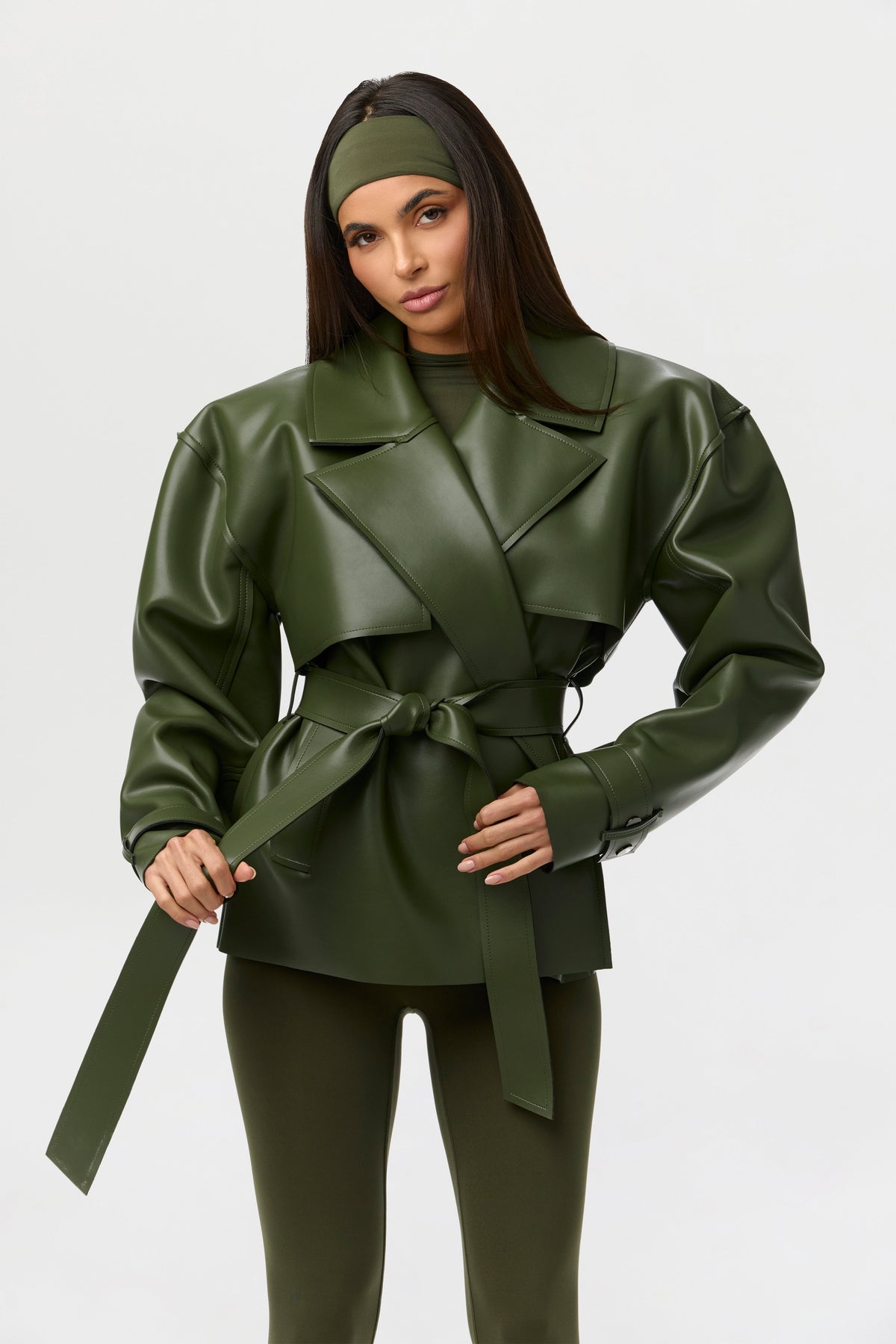 Olive Vegan Leather Cropped Trench Jacket