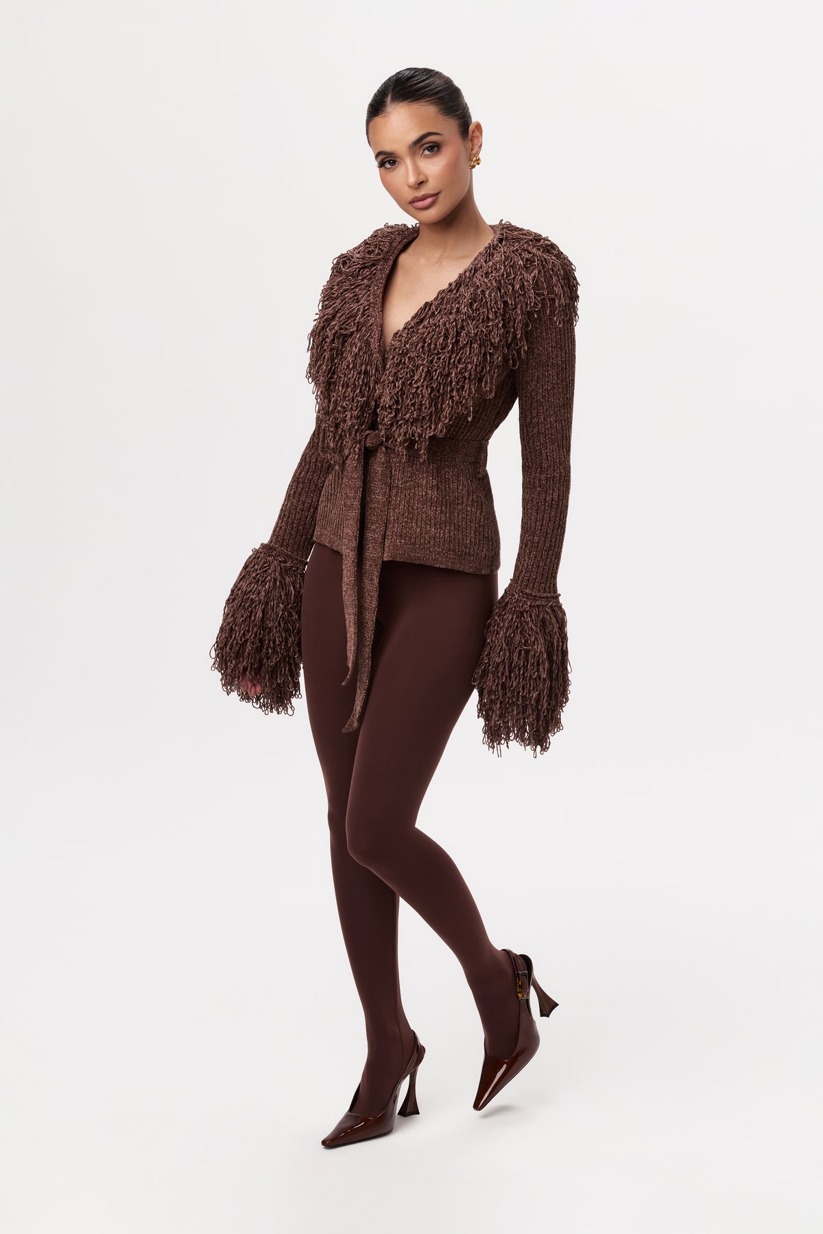 Dark Chocolate Knit Fringe V-Neck Cardigan