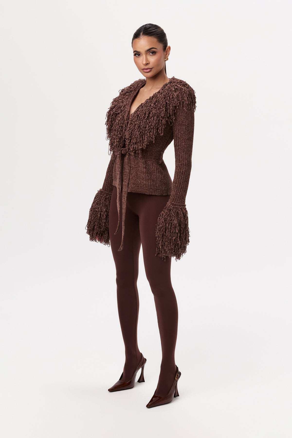 Dark Chocolate Knit Fringe V-Neck Cardigan