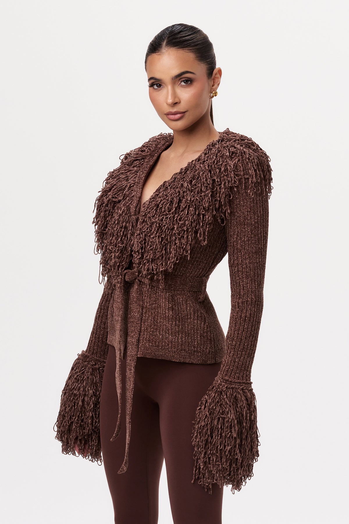 Dark Chocolate Knit Fringe V-Neck Cardigan