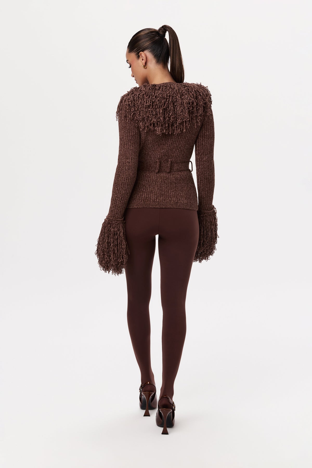 Dark Chocolate Knit Fringe V-Neck Cardigan
