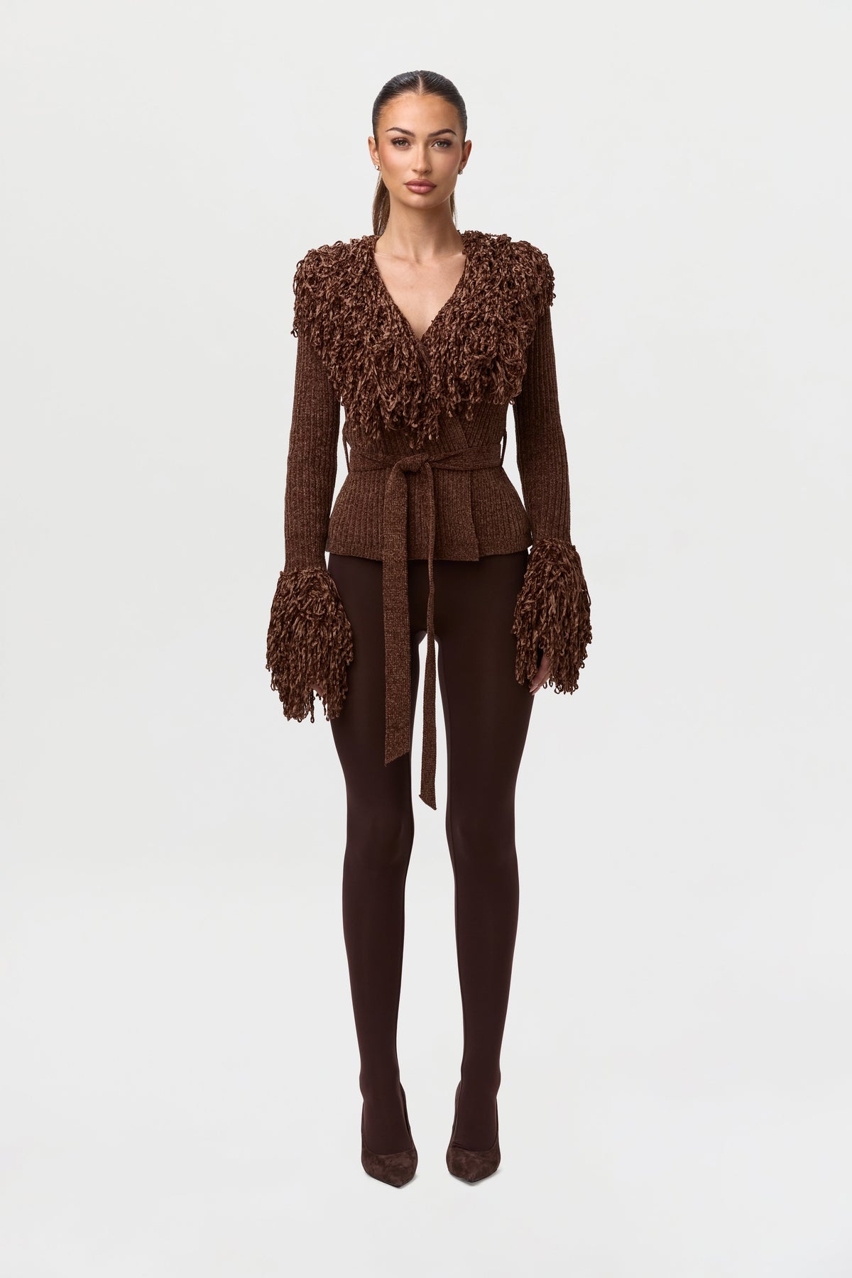 Dark Chocolate Knit Fringe V-Neck Cardigan