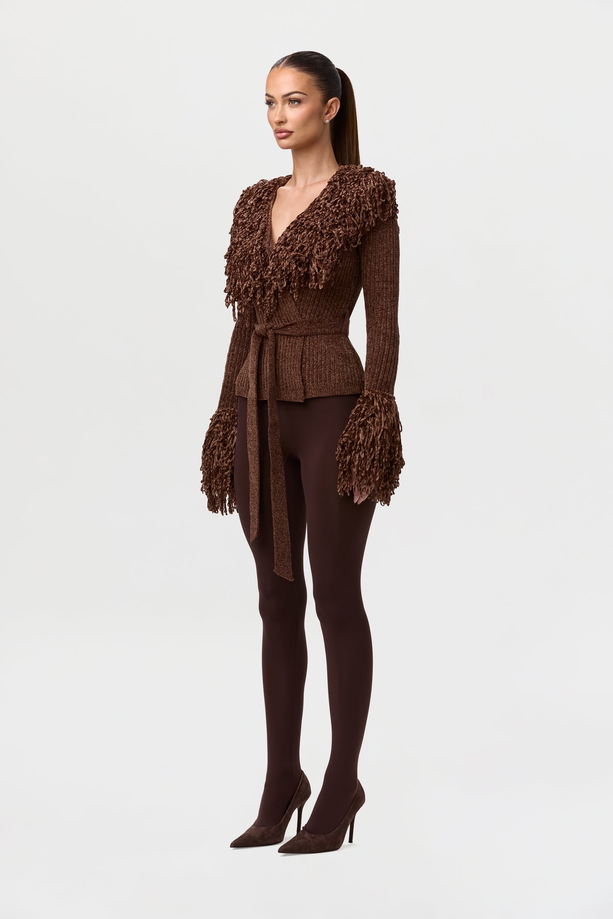 Dark Chocolate Knit Fringe V-Neck Cardigan