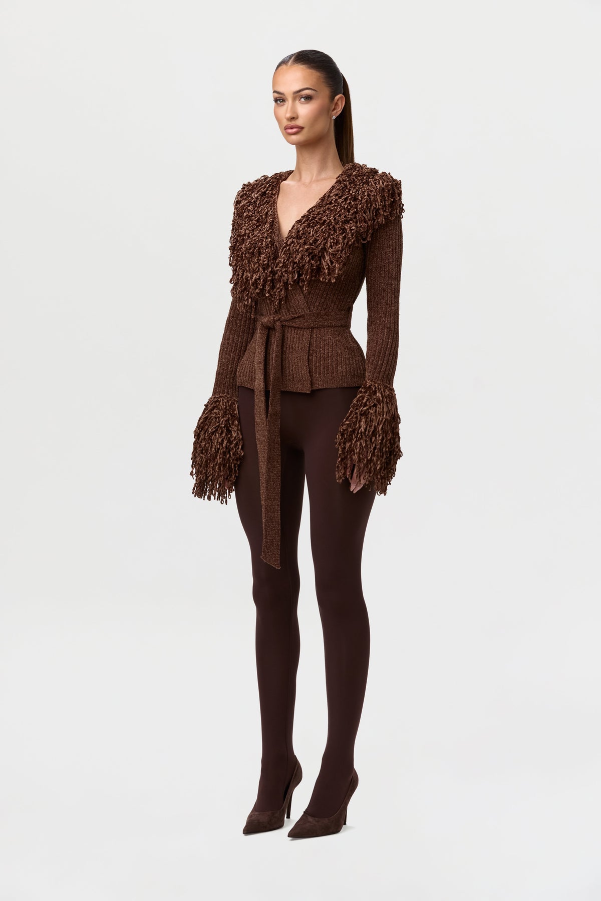 Dark Chocolate Knit Fringe V-Neck Cardigan