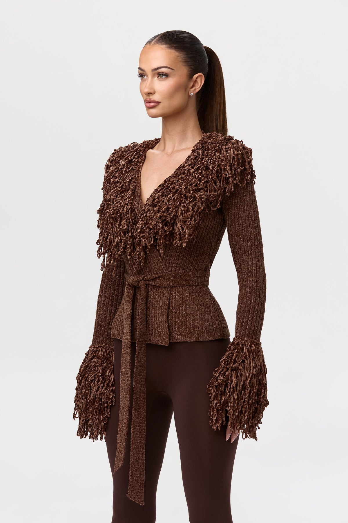 Dark Chocolate Knit Fringe V-Neck Cardigan