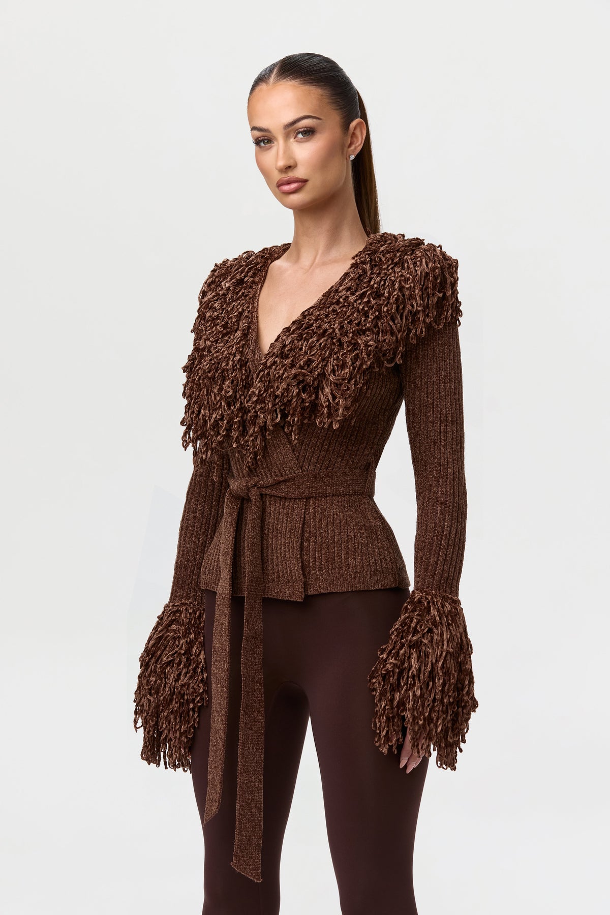 Dark Chocolate Knit Fringe V-Neck Cardigan