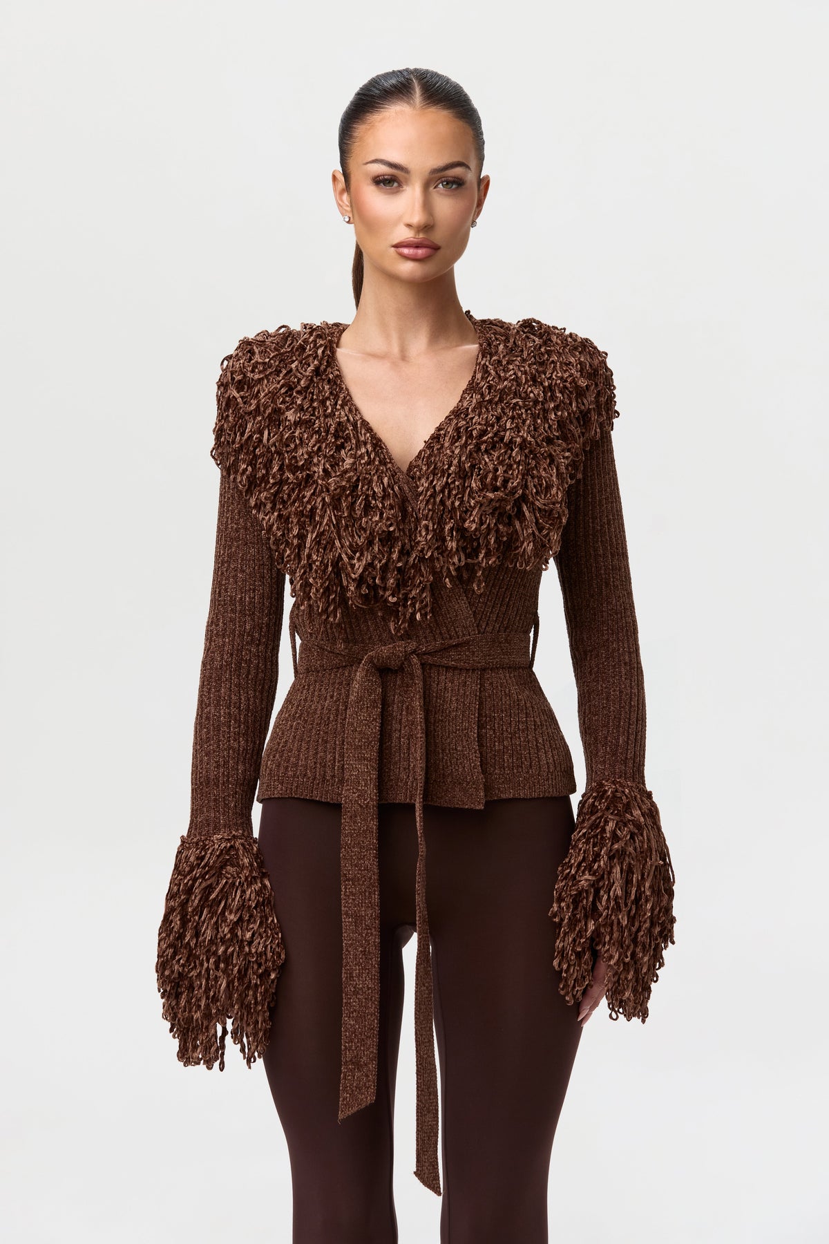 Dark Chocolate Knit Fringe V-Neck Cardigan