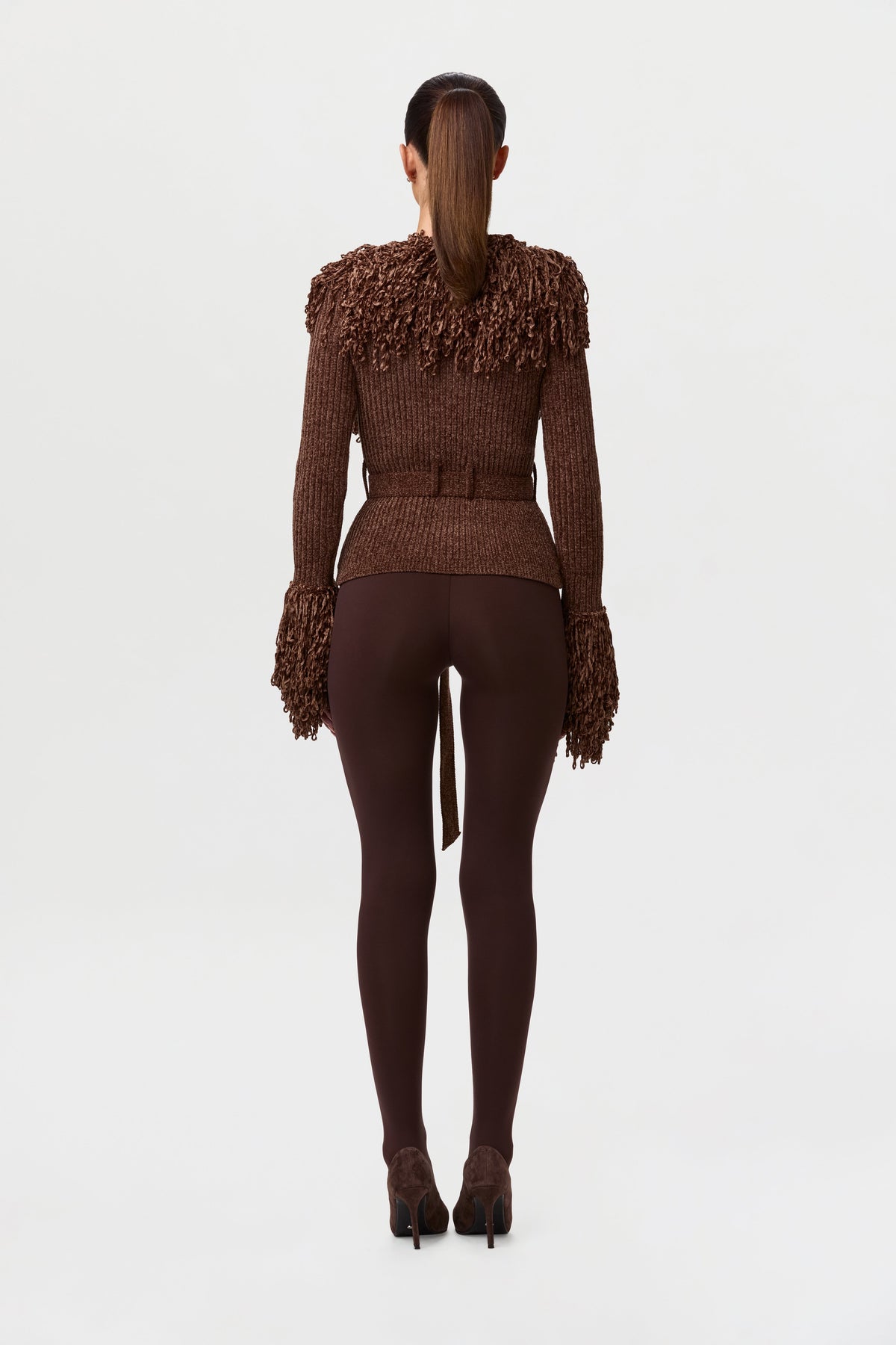 Dark Chocolate Knit Fringe V-Neck Cardigan