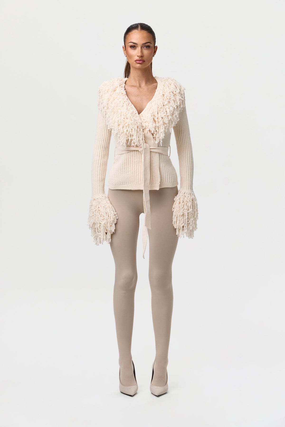 Bone Knit Fringe V-Neck Cardigan