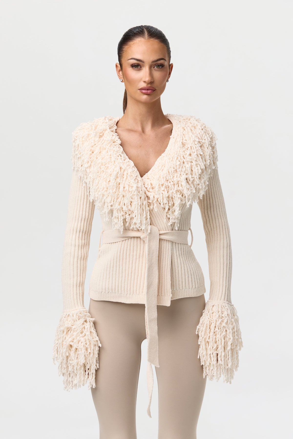 Bone Knit Fringe V-Neck Cardigan