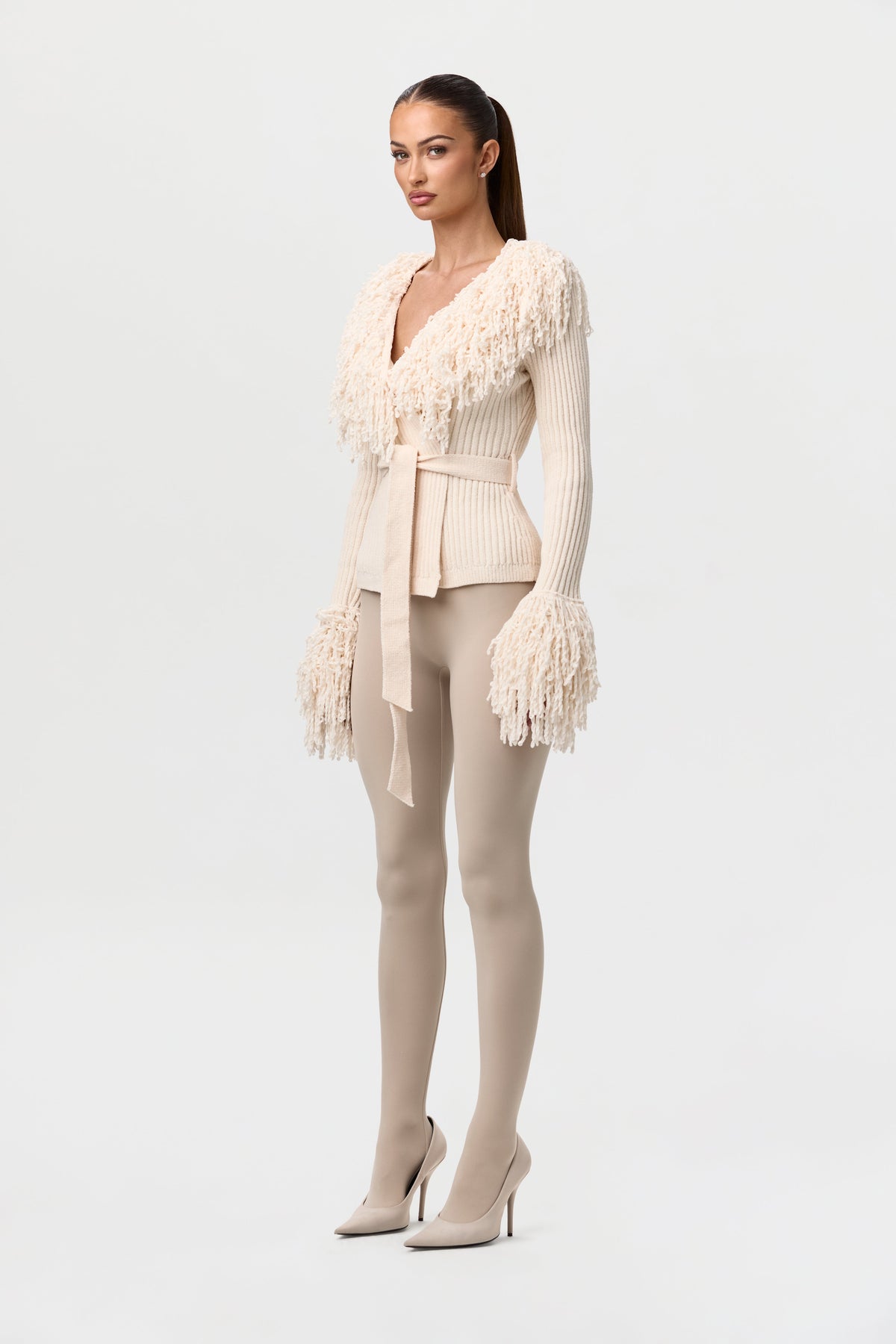 Bone Knit Fringe V-Neck Cardigan