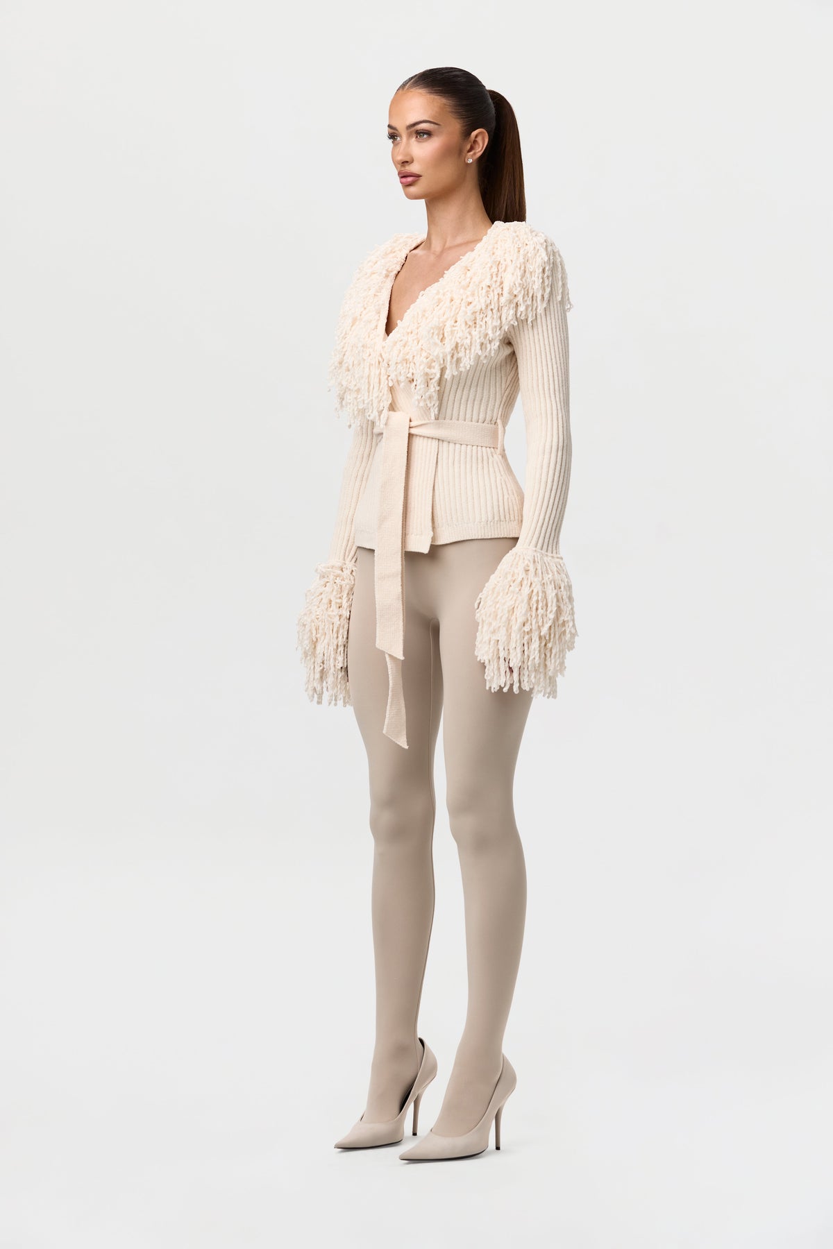 Bone Knit Fringe V-Neck Cardigan
