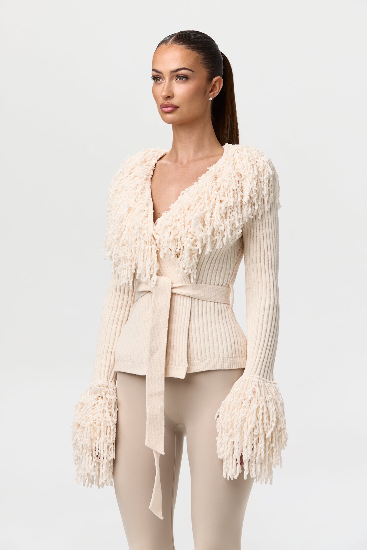 Bone Knit Fringe V-Neck Cardigan