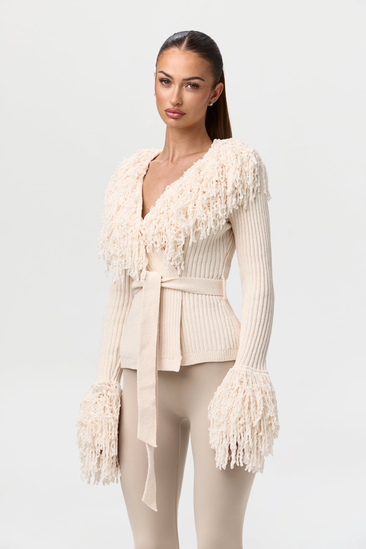 Bone Knit Fringe V-Neck Cardigan