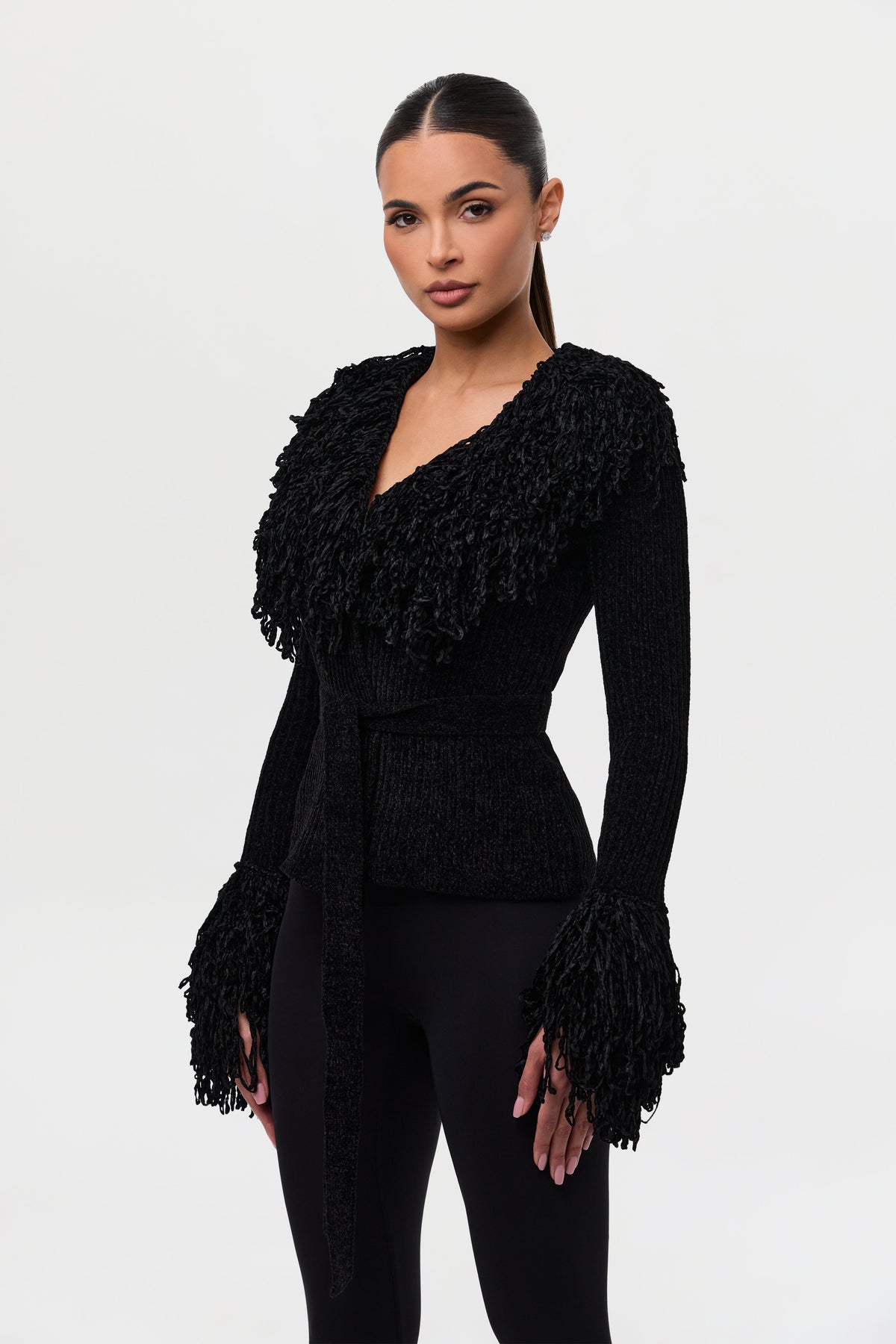 Currant Knit Fringe V-Neck Cardigan