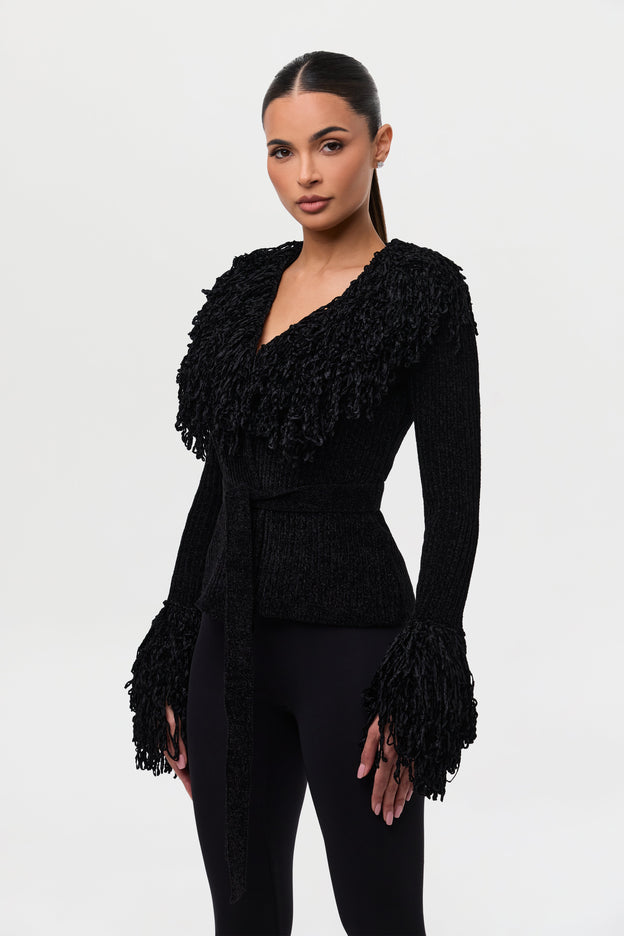 Knit Fringe V-Neck Cardigan