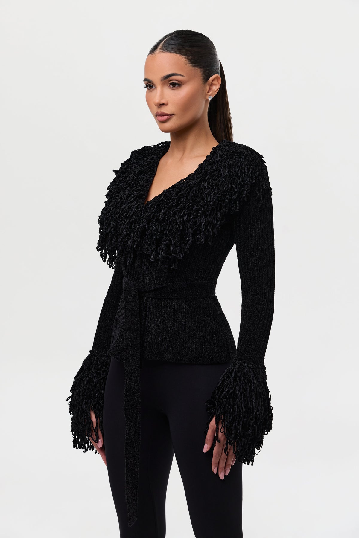 Currant Knit Fringe V-Neck Cardigan