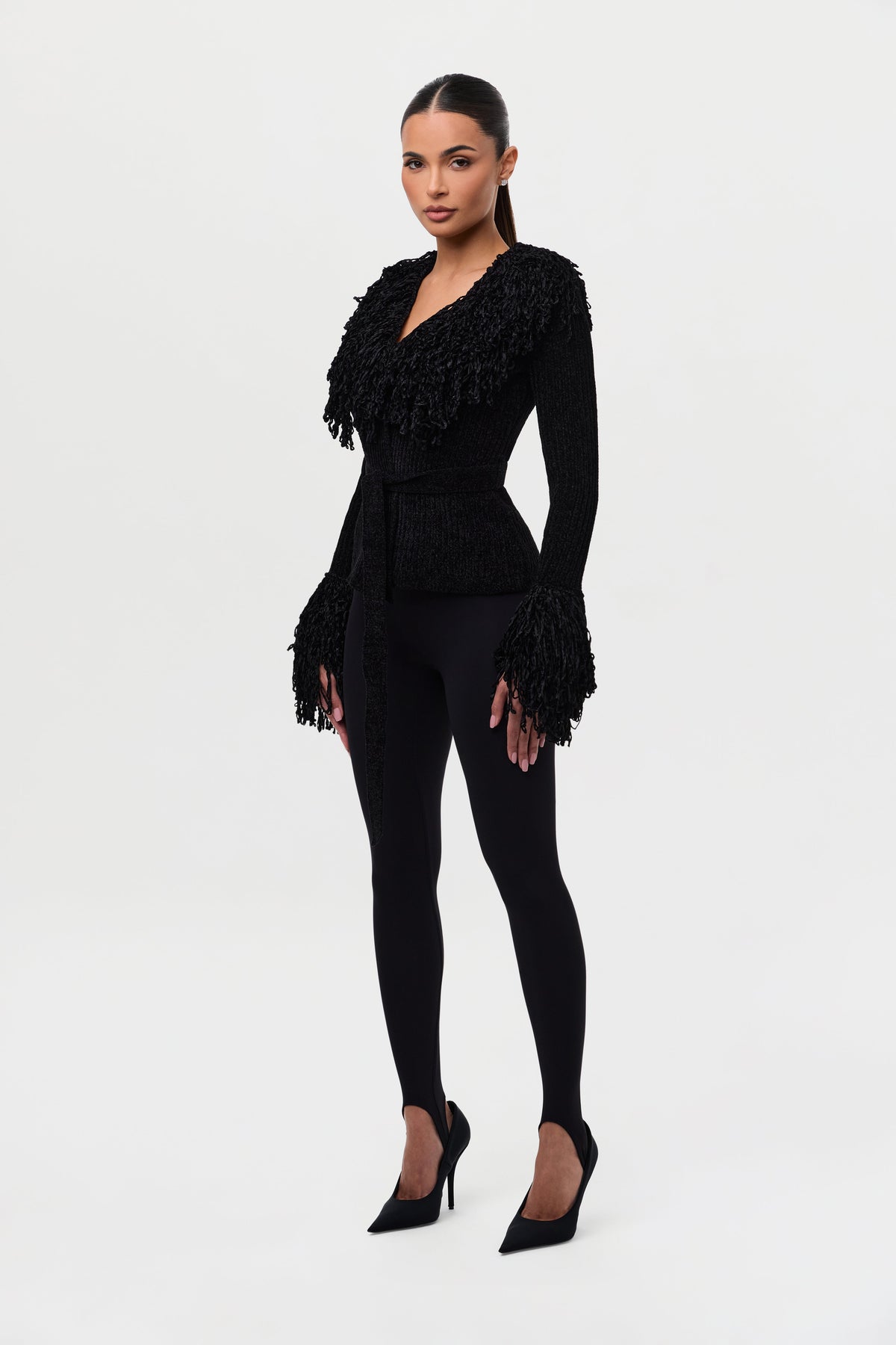 Currant Knit Fringe V-Neck Cardigan